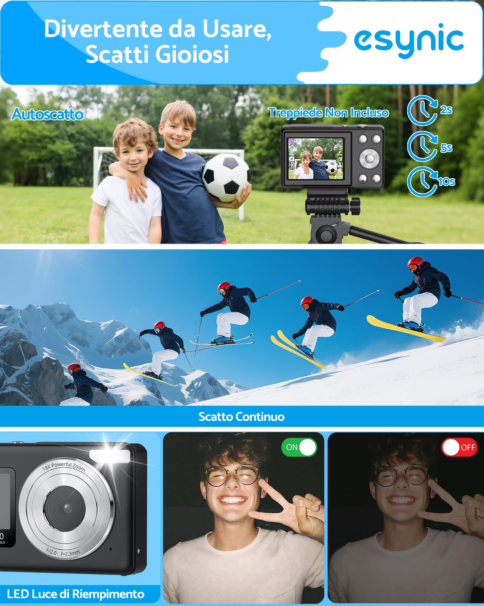 eSynic Fotocamera Digitale Compatta 4K 48MP, Doppio Schermo LCD 2.4''+1.3'' per Bambini, Zoom Digitale 18X, Luce Supplementare, Include SD 32GB, Macchina Fotografica Ricaricabile, Ideale Regalo - Nero