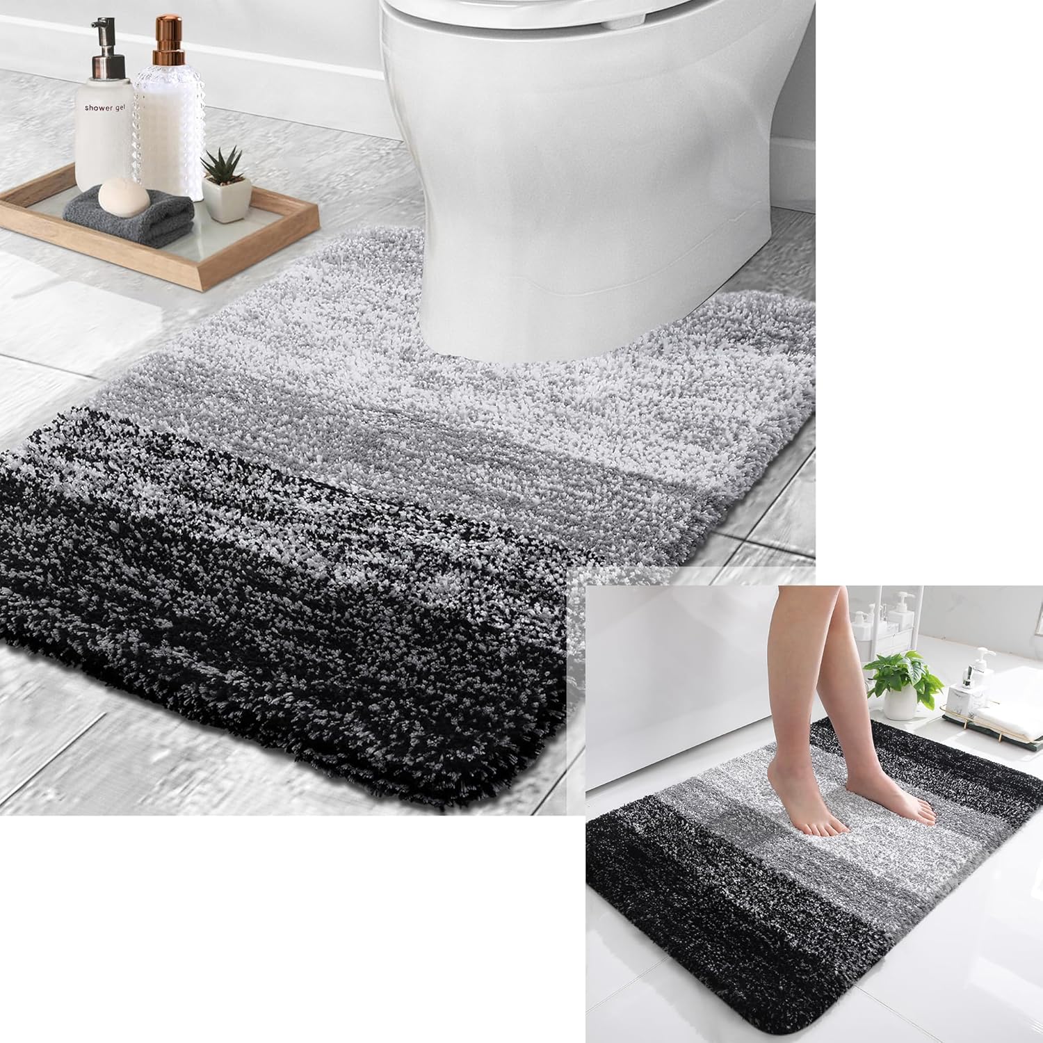 OLANLY Ombre Bath Rug and Toilet Rugs U-Shaped, Bath Rug Size 36x24 and Toilet Rugs Size 24x20 in Black, 2 Item Bundle