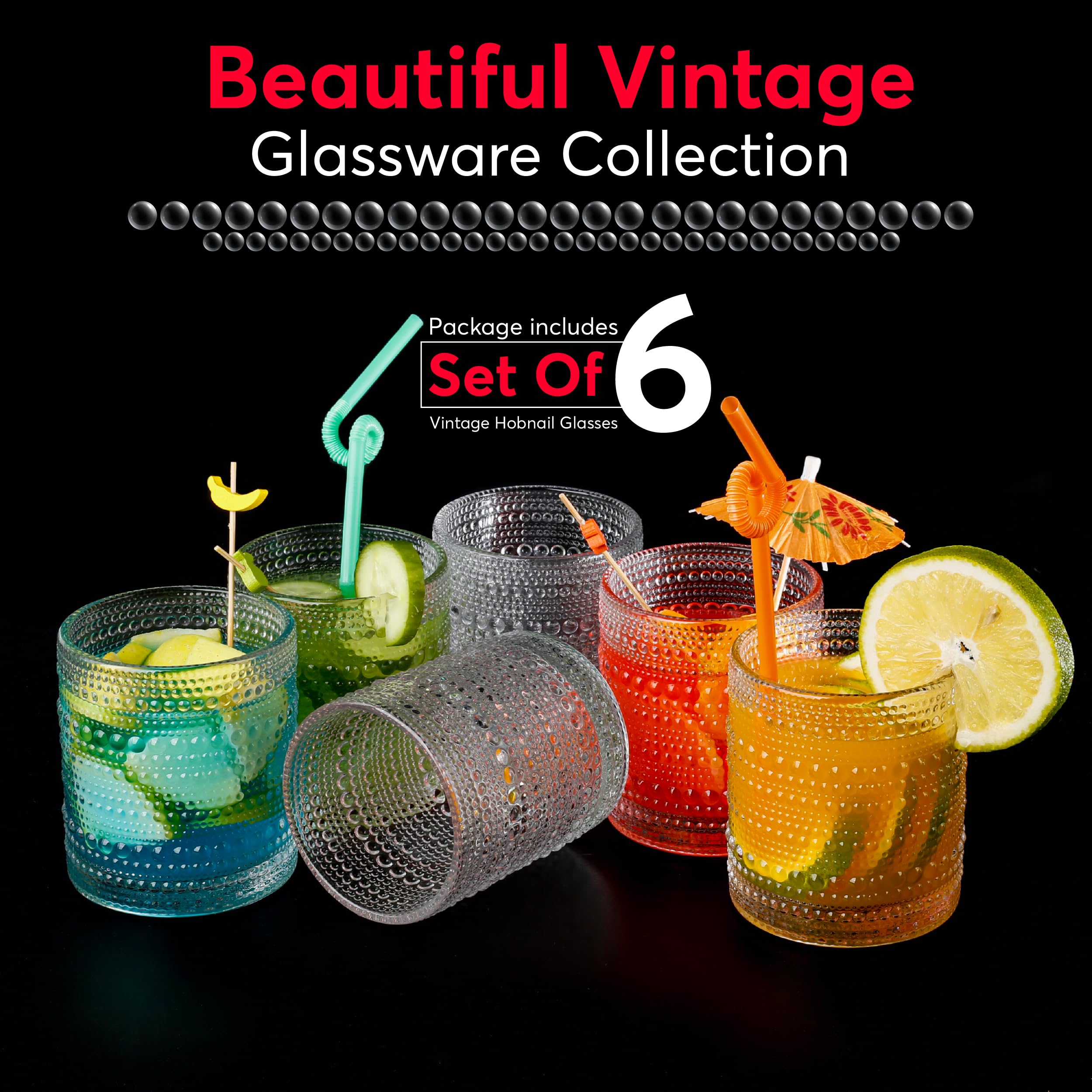 BULK PARADISE Lot de 6 verres à cocktail vintage en relief de 290 ml à base épaisse Jupiter pour eau, soda, jus, shake, bière, whisky, boisson tropicale