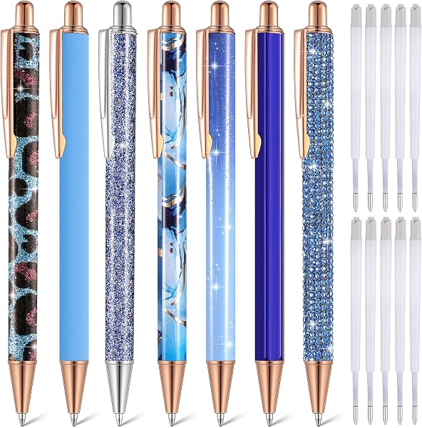 Sherr 7 Pcs Fancy Pens for Women Cute Sparkly Glitter Pens with 10 Pcs Black Ink Refills Pretty Gifts for Girls Office S