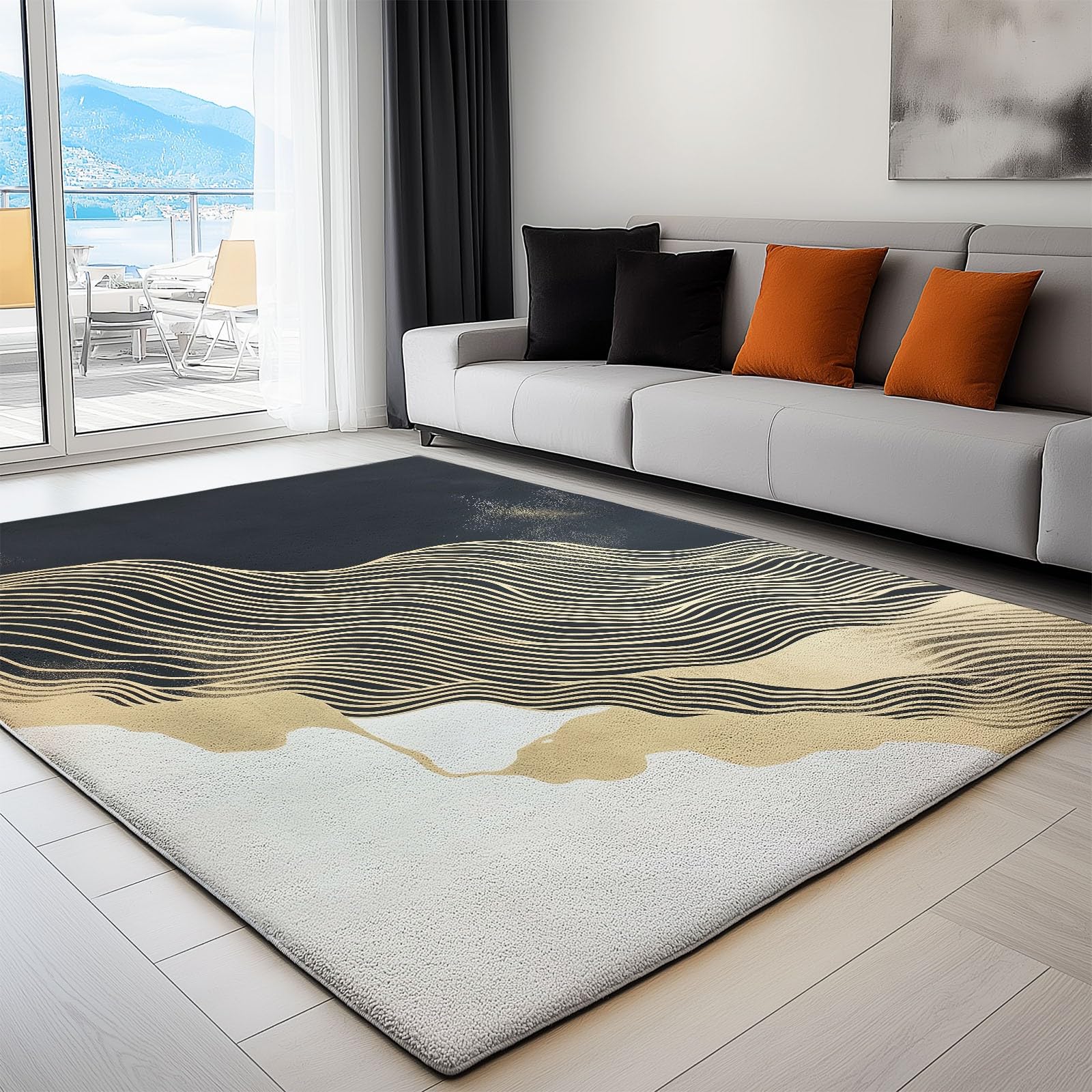Tapis noir et blanc lignes dorées au design abstrait chic
