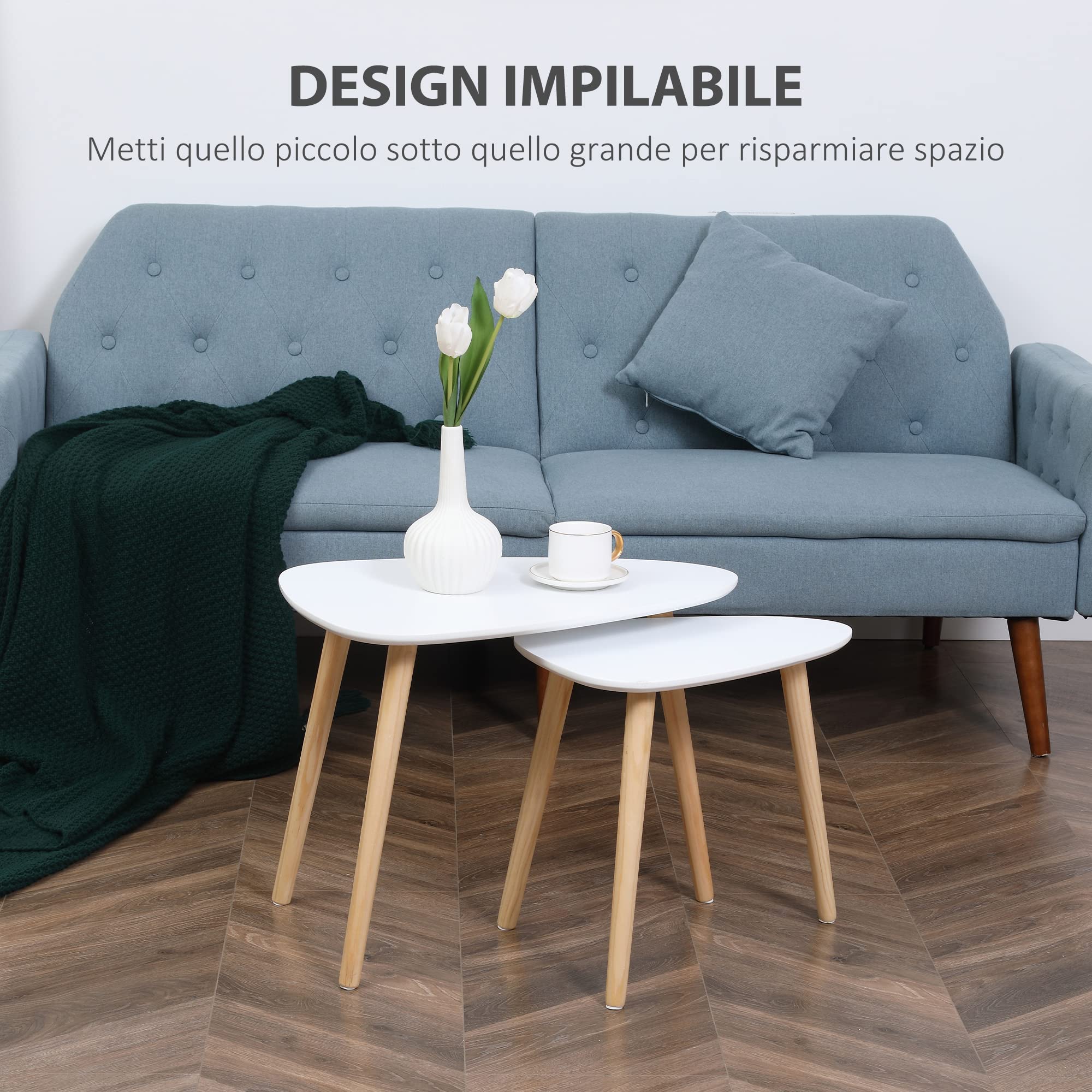 HOMCOM Set 2 Tavolini da Salotto Impilabili Stile Nordico, Tavoli Bassi da Caffè con Gambe in Legno per Soggiorno e Camera, Bianco