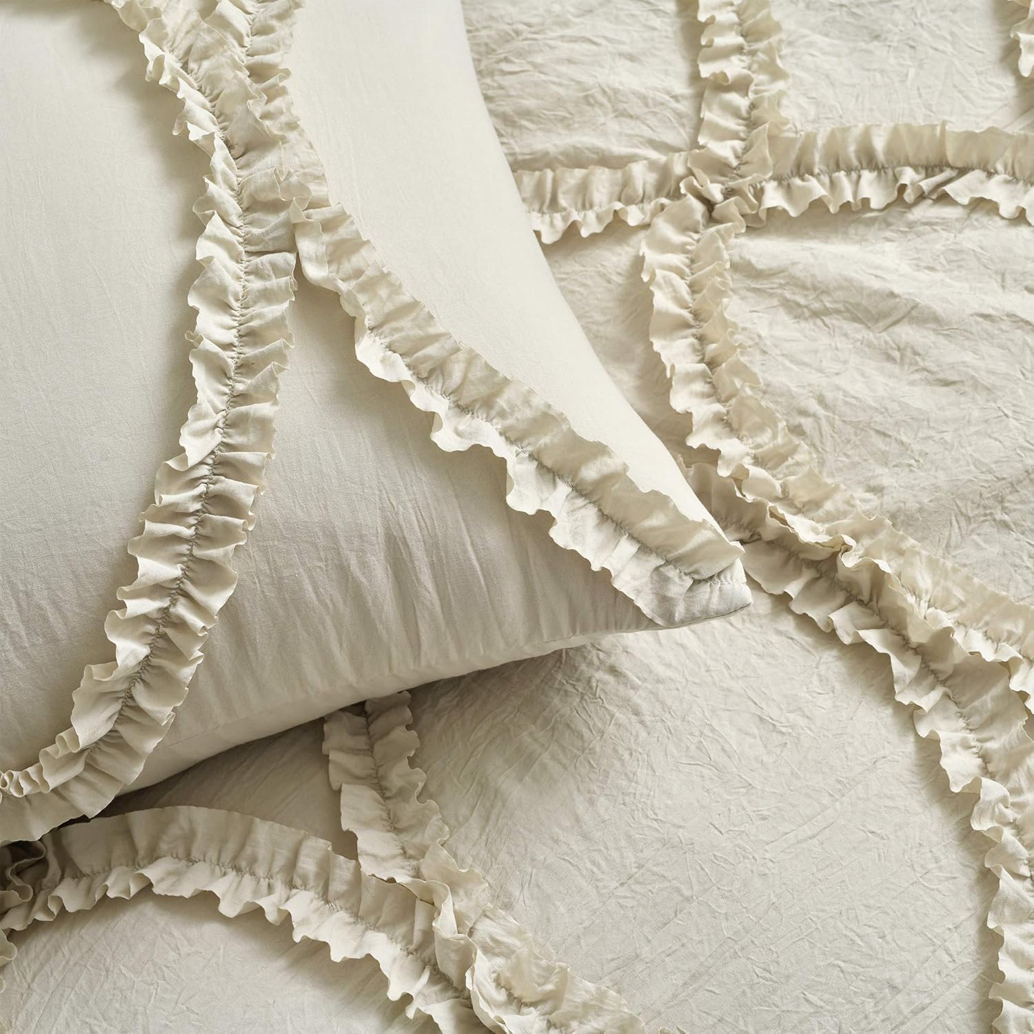 Elegant Neutral King Bedspread Set with Ruffled Ribbon Embroidery