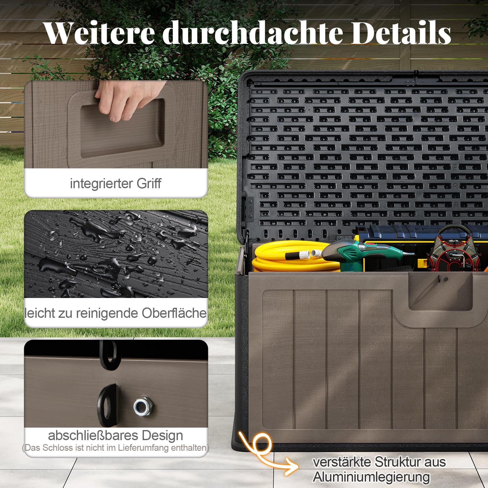 GOPLUS 378 L Gartenbox, Auflagenbox wasserdicht, Aufbewahrungsbox mit abschließbarem Deckel & Griff, Kissenbox für Garten, Gartentruhe für Terrasse, Poolzubehör & Gartengeräte (Schwarz+Braun)