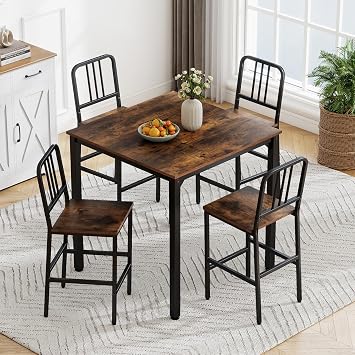 COSTWAY Counter Height Dining Table Set for 4, 5-Piece Kitchen Bar Table and Chairs Set, Metal Frame Dining Table Set Furniture for Home Dining Living Room (Rustic Brown + Black)