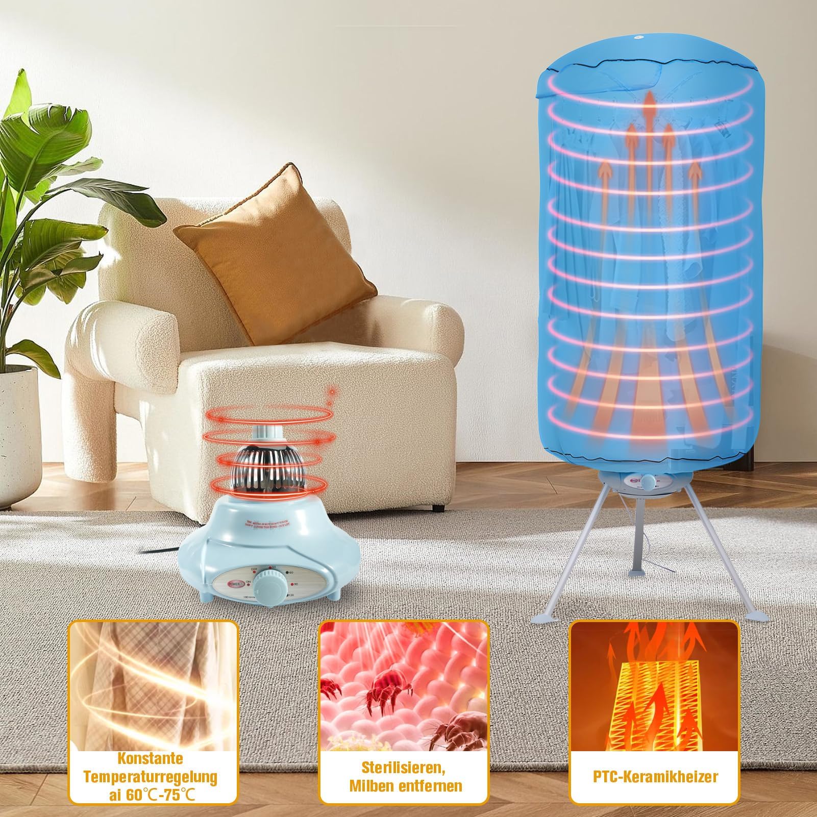 ColdShine Elektrischer Wäschetrockner Tumble Dryer 2-stufiger Faltbarer elektrischer Wäscheständer aus Edelstahl Trockner mit Time 10 kg Kleidung Automatische Abschaltung