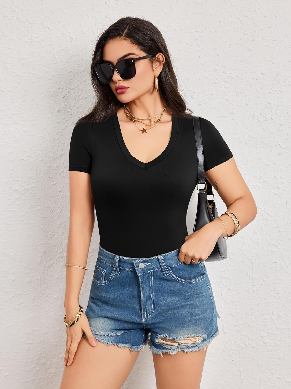 Laughido Women's V Neck Short Sleeve Fitted Bodysuit Summer Basic Casual Double Lined Tee Shirt Tops - Image 5