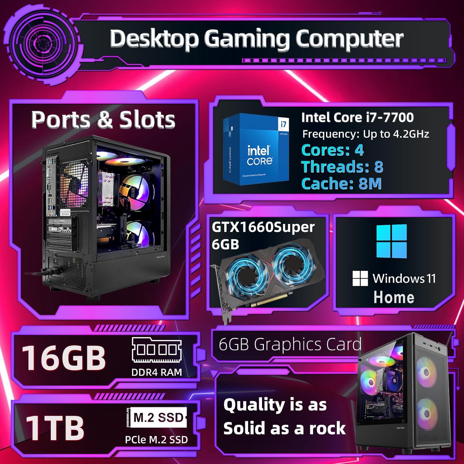 Gaming PC Desktop Computer,Intel Core i7 Desktop,Operating at A Frequency of 3.4GHz,GTX1660Super Graphics Card with 6GB GDDR6 Video Memory,16GB DDR4 RAM, 1TB NVME SSD,WiFi 5.0,RGB Fan x4