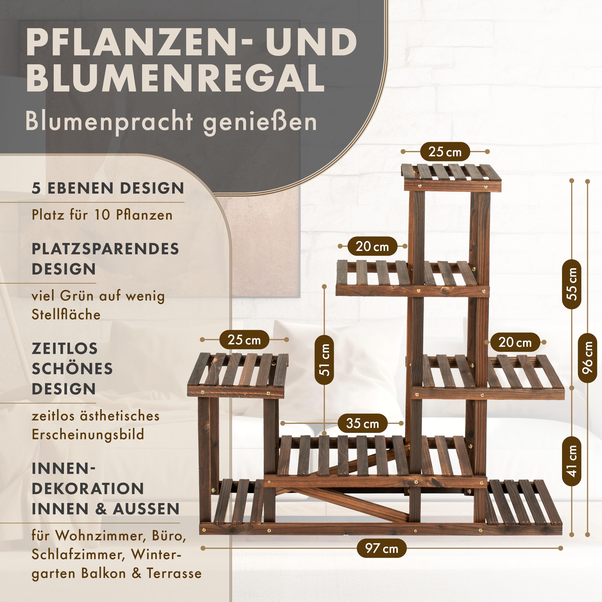 Pflanzenregal SKYLINE 2er Set - 96 x 97 x 25 cm Natur Holz braun | - Pflanzentreppe Blumenbank 96cm hoch 7 Plattformen auf 5 Ebenen Blumenregal Regal Blumentreppe innen & außen Balkon Terrasse