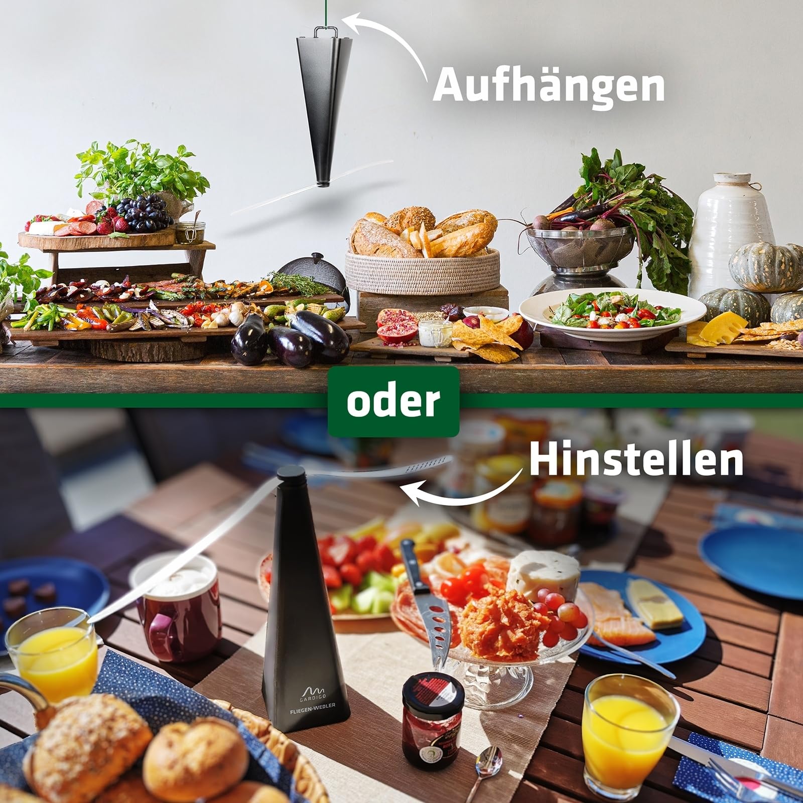 GARDIGO Fliegenwedler 4er Set – Lebensmittel schützen Fliegen verscheuchen | Fliegenabwehr für Tisch, Garten, Terrasse, Restaurant. Insektenschutz, Insekten Vertreiber, Fliegenvertreiber.