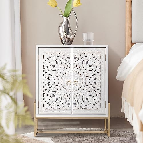 Miniatura 7 de Sophia & William Armario decorativo con puertas, gabinete de almacenamiento envejecido blanco con 2 puertas huecas talladas y patas de metal para