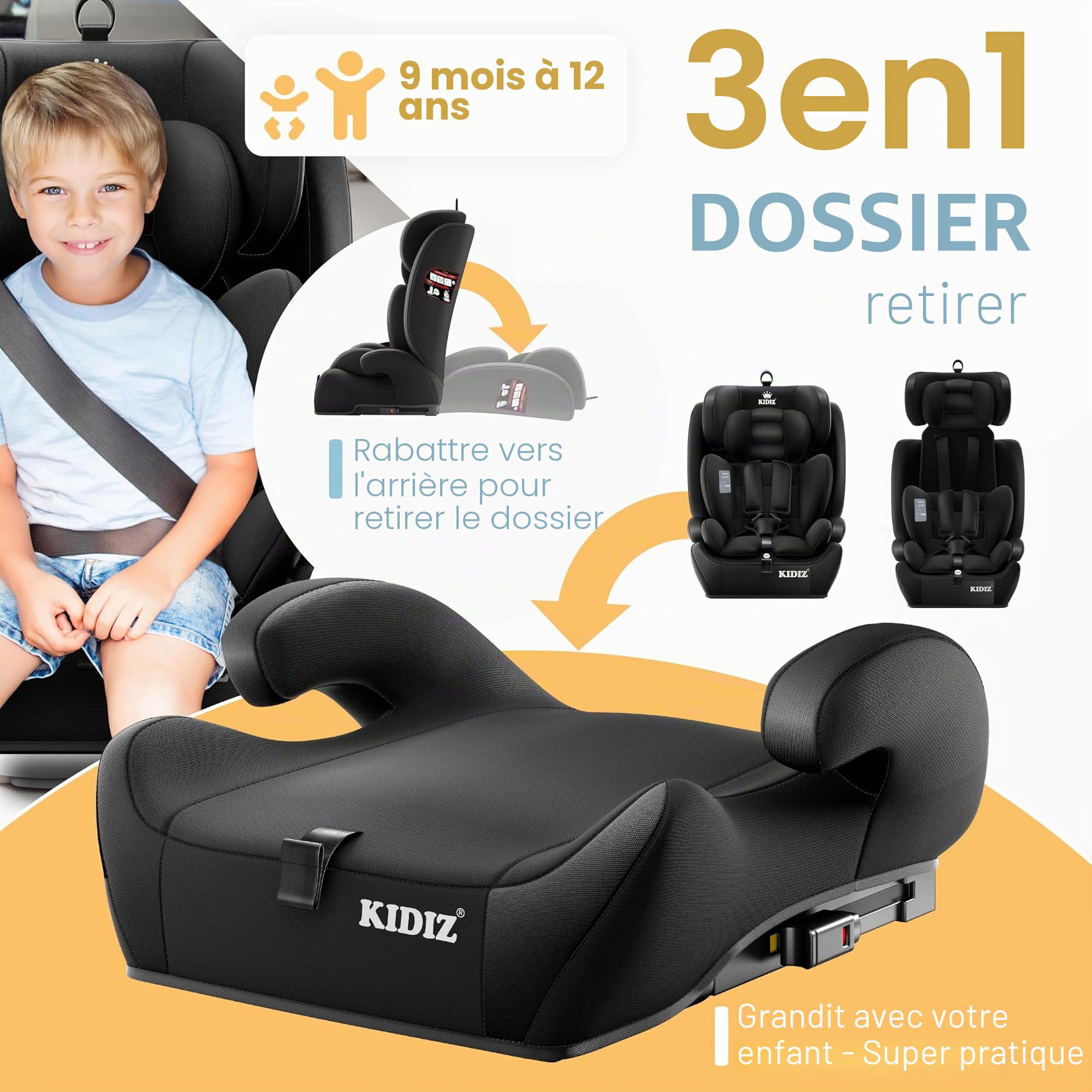 Kidiz® Siège auto pour enfant avec Isofix i-Size R129 100-150cm jusqu'à 12 ans, siège auto pour enfant Groupe 1/2/3, siège évolutif, ceinture 5 points et appuie-tête réglable en hauteur, rehausseur de