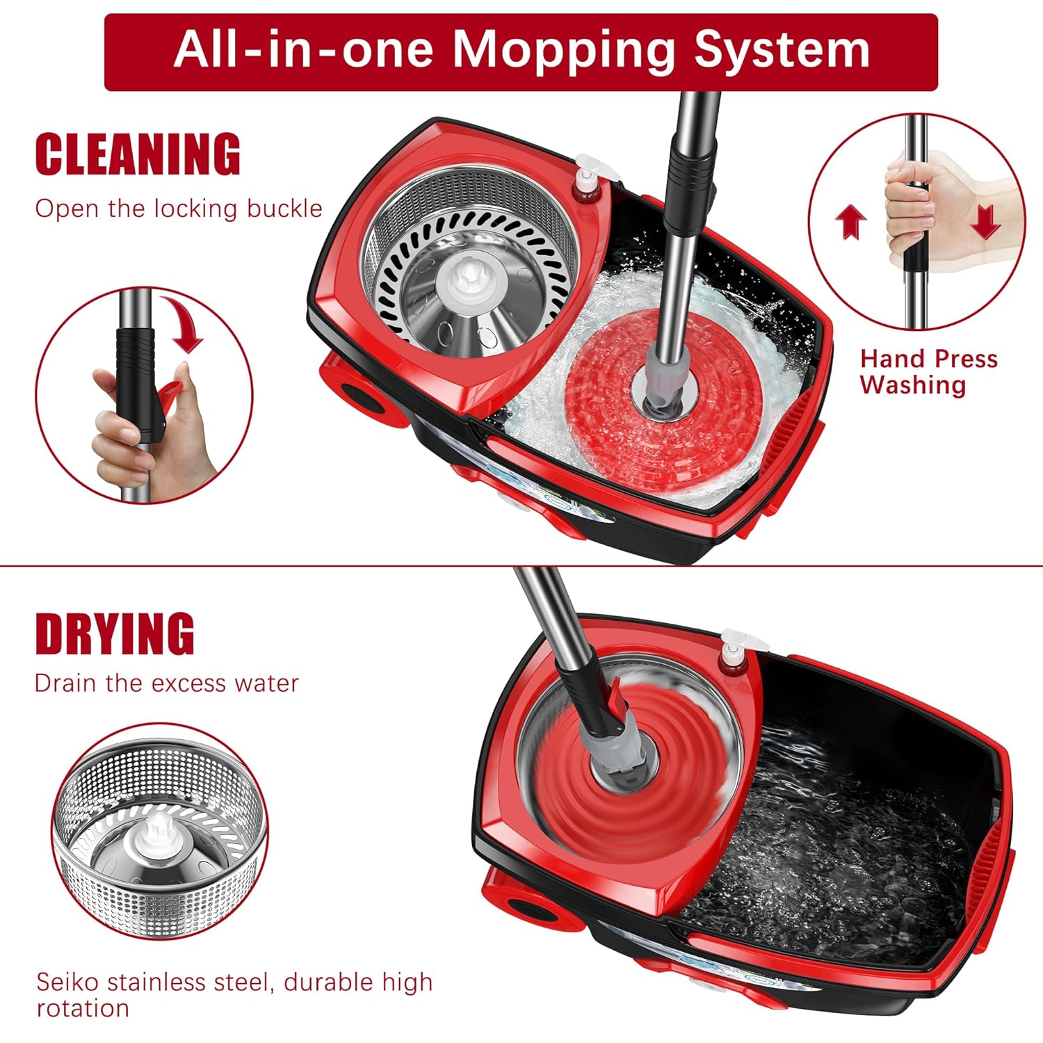 funclean 360° spin mop and bucket set with wringer, 4 extra microfiber heads, 61" extended handle for effortless floor cleaning, 2x wheel design - black