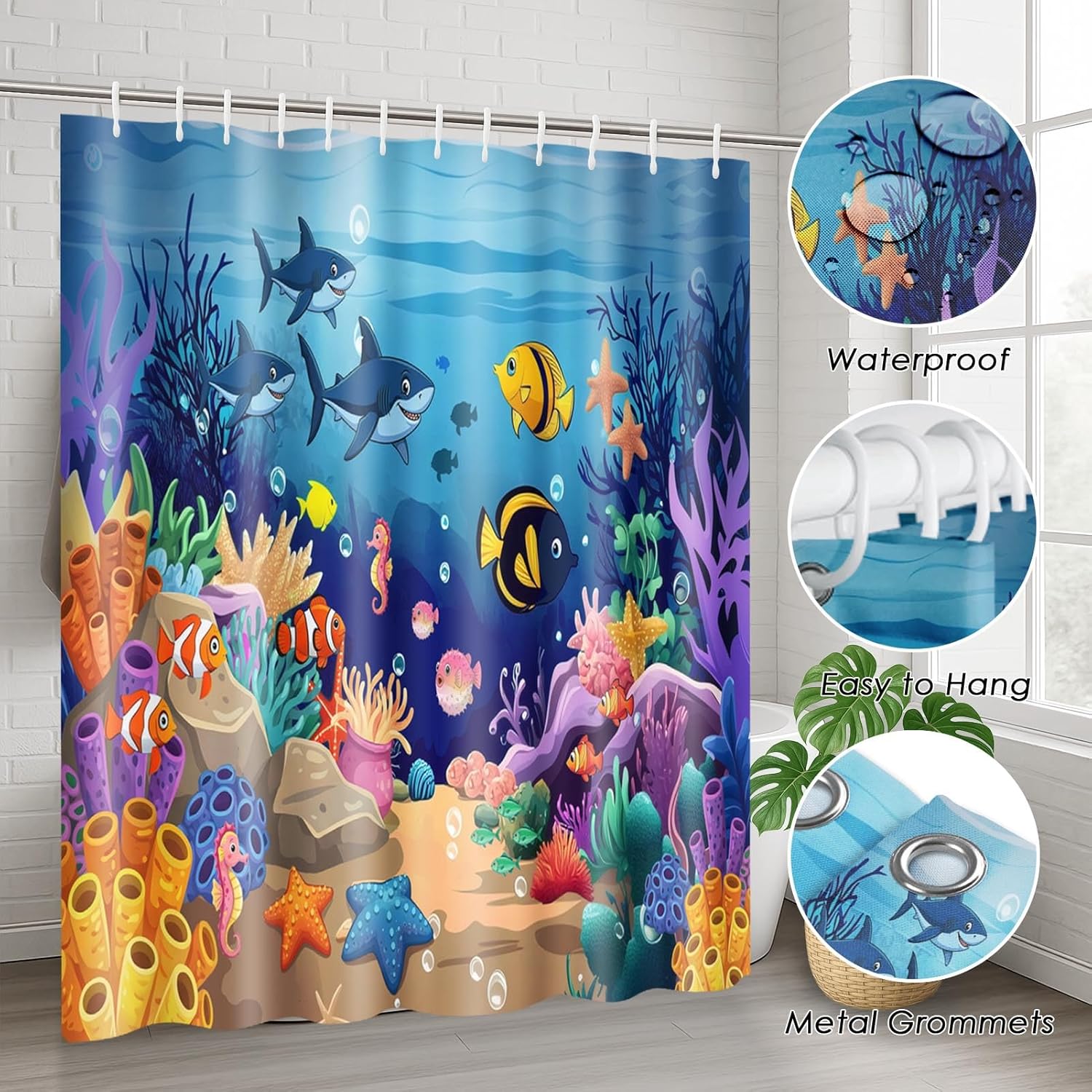 Britimes 4 Piece Shower Curtain Sets, Blue Ocean Fish with Non-Slip Rugs, Toilet Lid Cover and Bath Mat, for Bathroom Decor Set, 72" x 72"