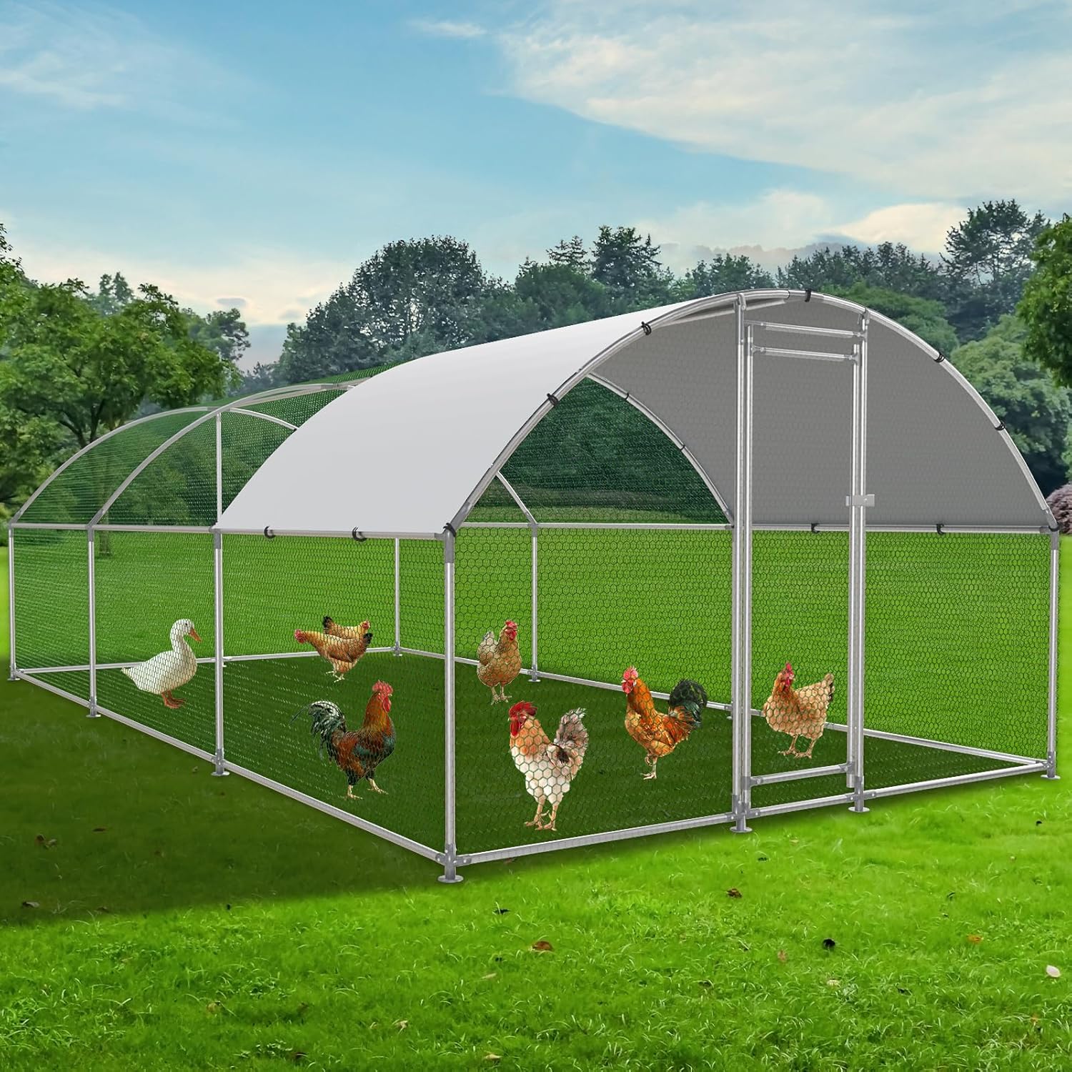 Large Metal Chicken Coop, Outdoor cage Run with Waterproof and Anti-UV Cover, Dome Roof Walk-in Poultry Cage Rabbit Duck House for Outside, Backyard and Farm.