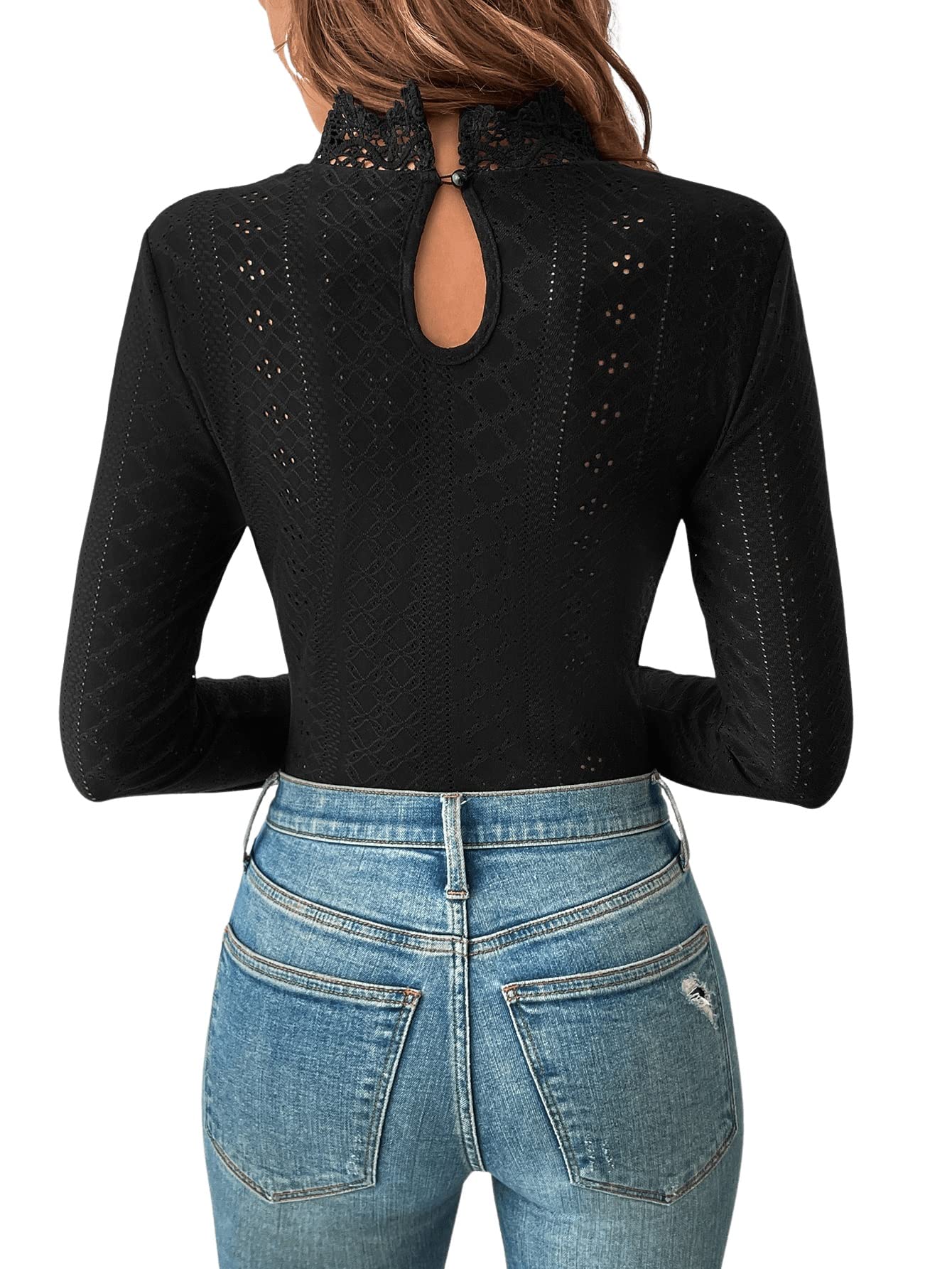 GORGLITTER Damen Bodysuit Elegant Stehkragen Öse Stickerei Langarm Body mit Spitzeneinsatz