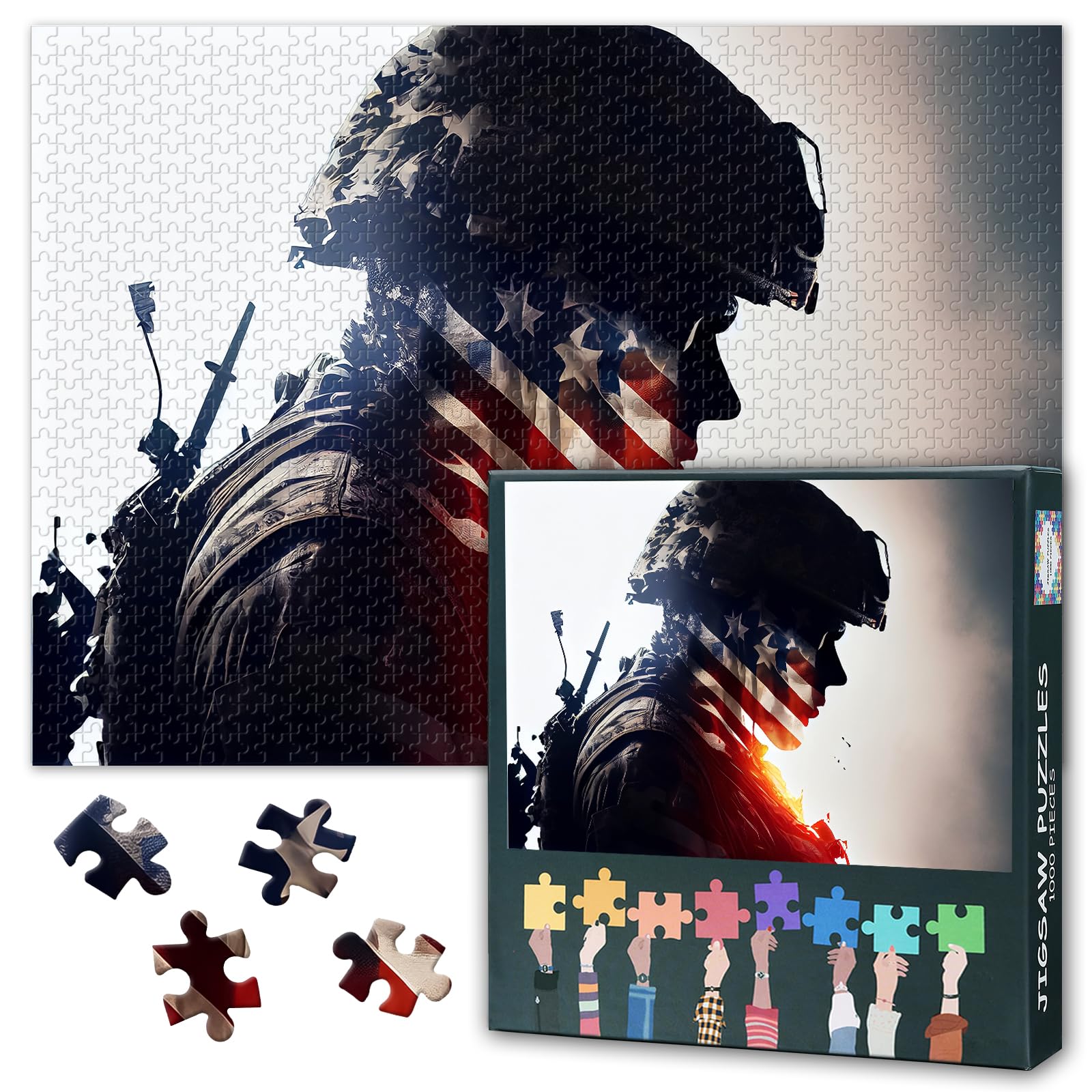 American Army Troops Puzzles for Adults 1000 Pieces, Soldier and American Flag Jigsaw Puzzles, Adult Puzzle for Adults, Educational Fun Games or Toys for Elders Friends 20X27 INCH