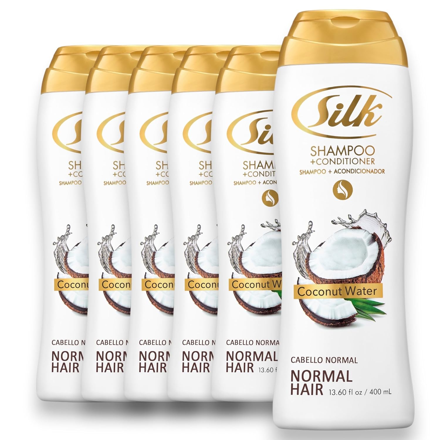 SILK 2 in 1 Shampoo and Conditioner for Normal Hair – Moisturizing Wash with Coconut Oil – Anti-Frizz, Detangling & Smoothing for Men & Women – Coconut Water Scent, 13.6 fl oz (Pack of 6)