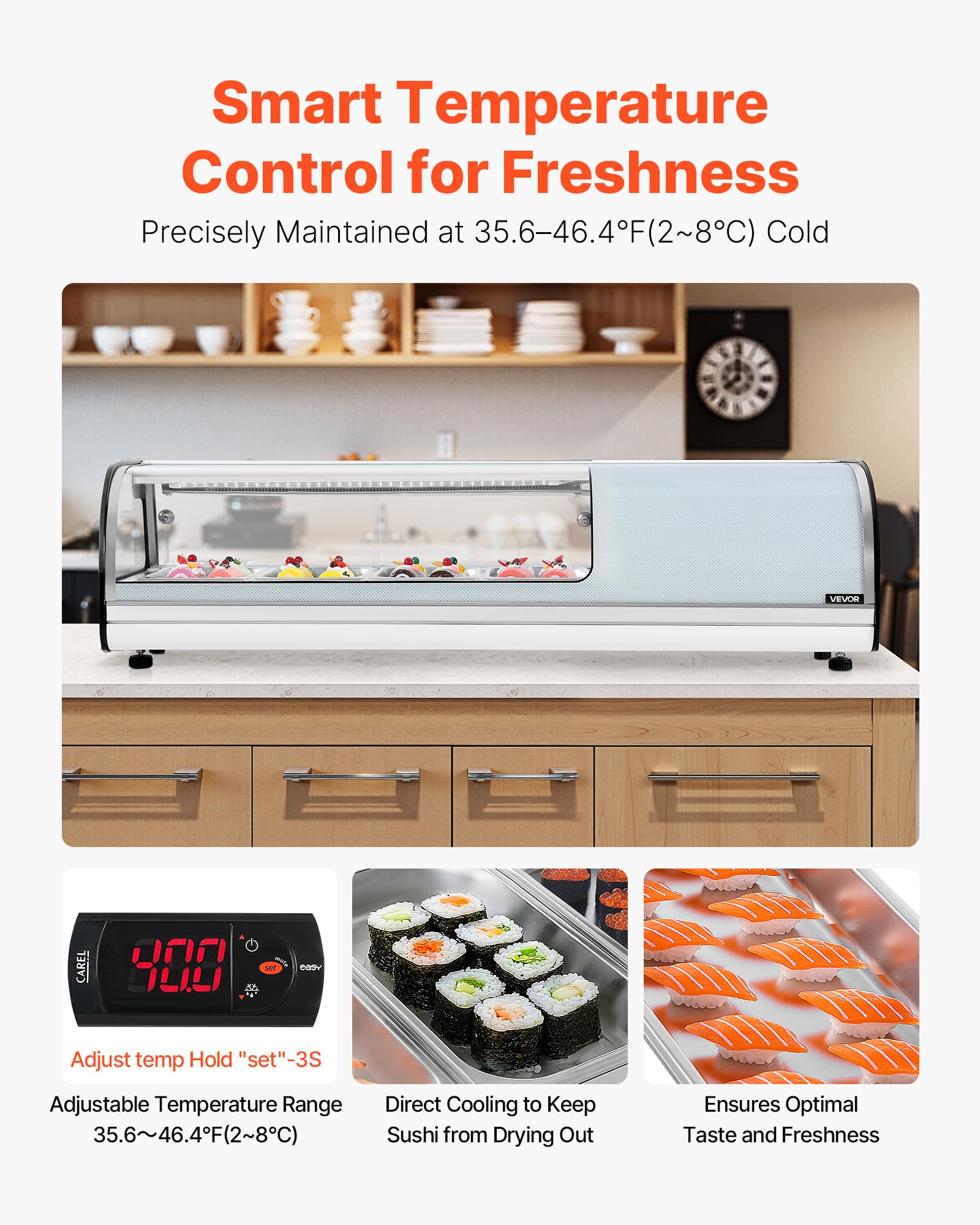 VEVOR Vitrina Refrigerada de 42 L para Sushi, 4 Bandejas, con Vidrio Curvo, Iluminación LED y Control Digital de Temperatura, Ideal para Mostradores, Restaurantes y Tiendas, 1160 x 425 x 290 mm