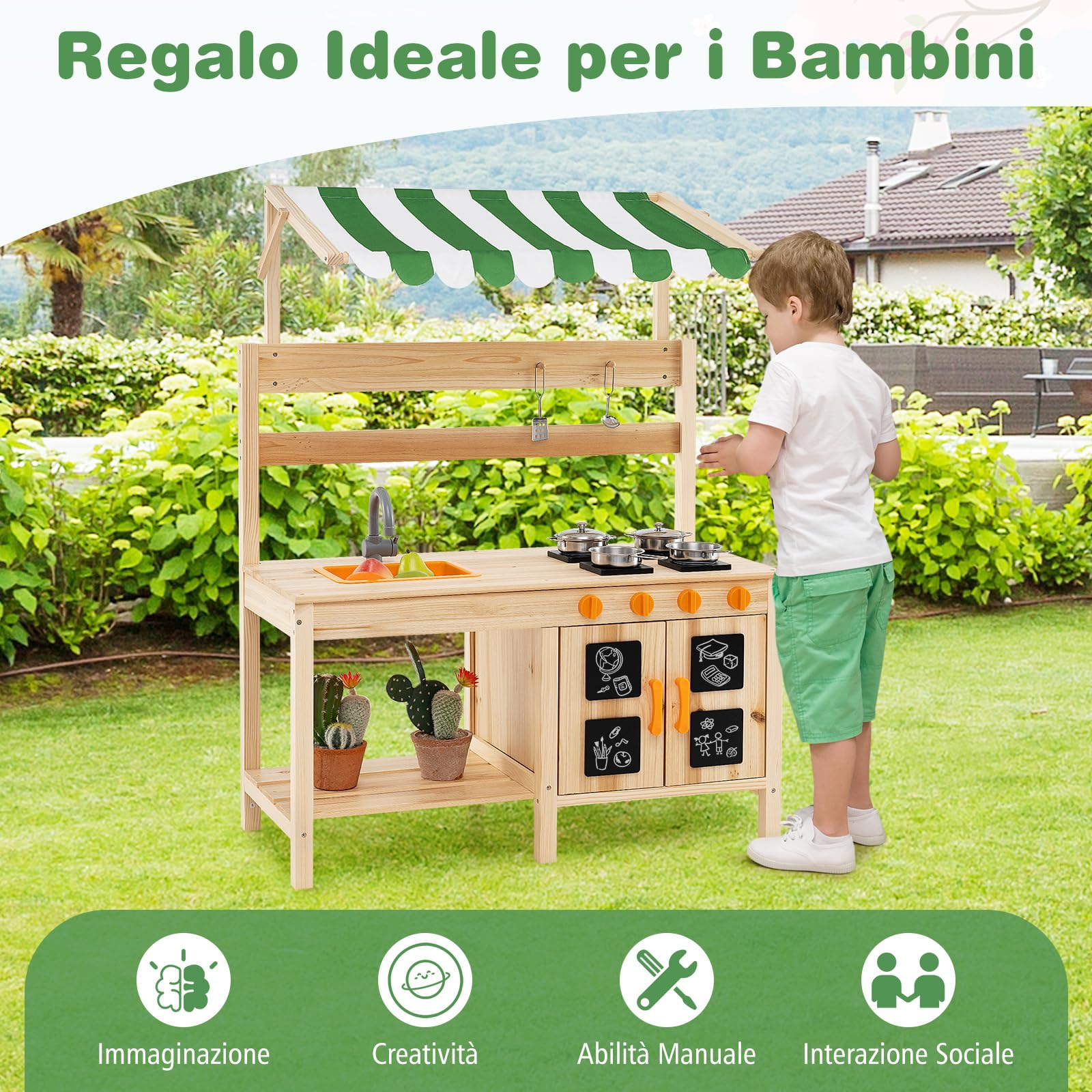 COSTWAY Cucina Giocattolo per Giardino in Legno di Abete, Cucina per Fango da Esterno con Tettoia, Fornelli, Ganci, 4 Lavagne e Lavello, Set Cucina con 5 Accessori, 88 x 39 x 117 cm