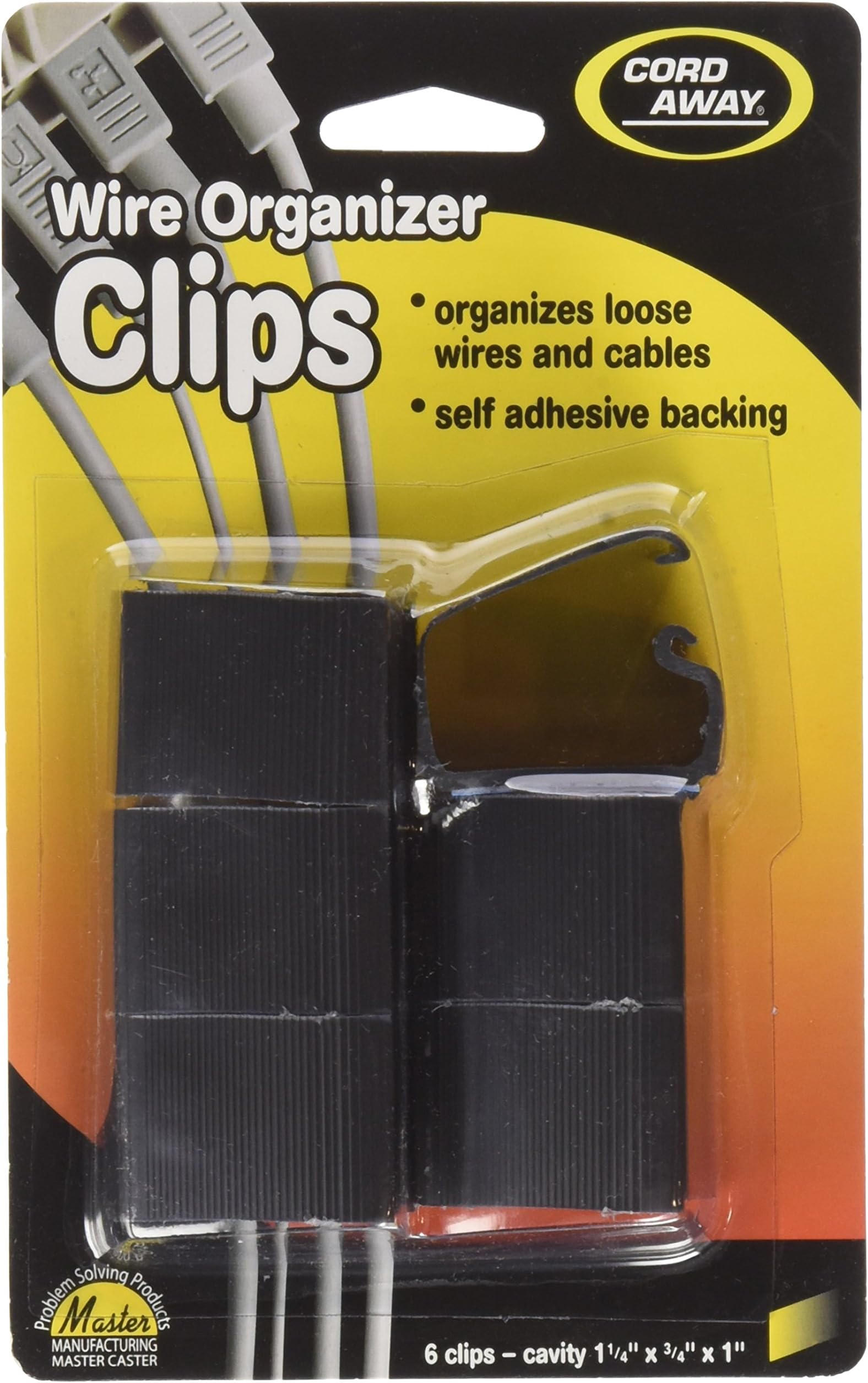 Cord Away Self-Adhesive Wire Clips, Black, 6/Pack