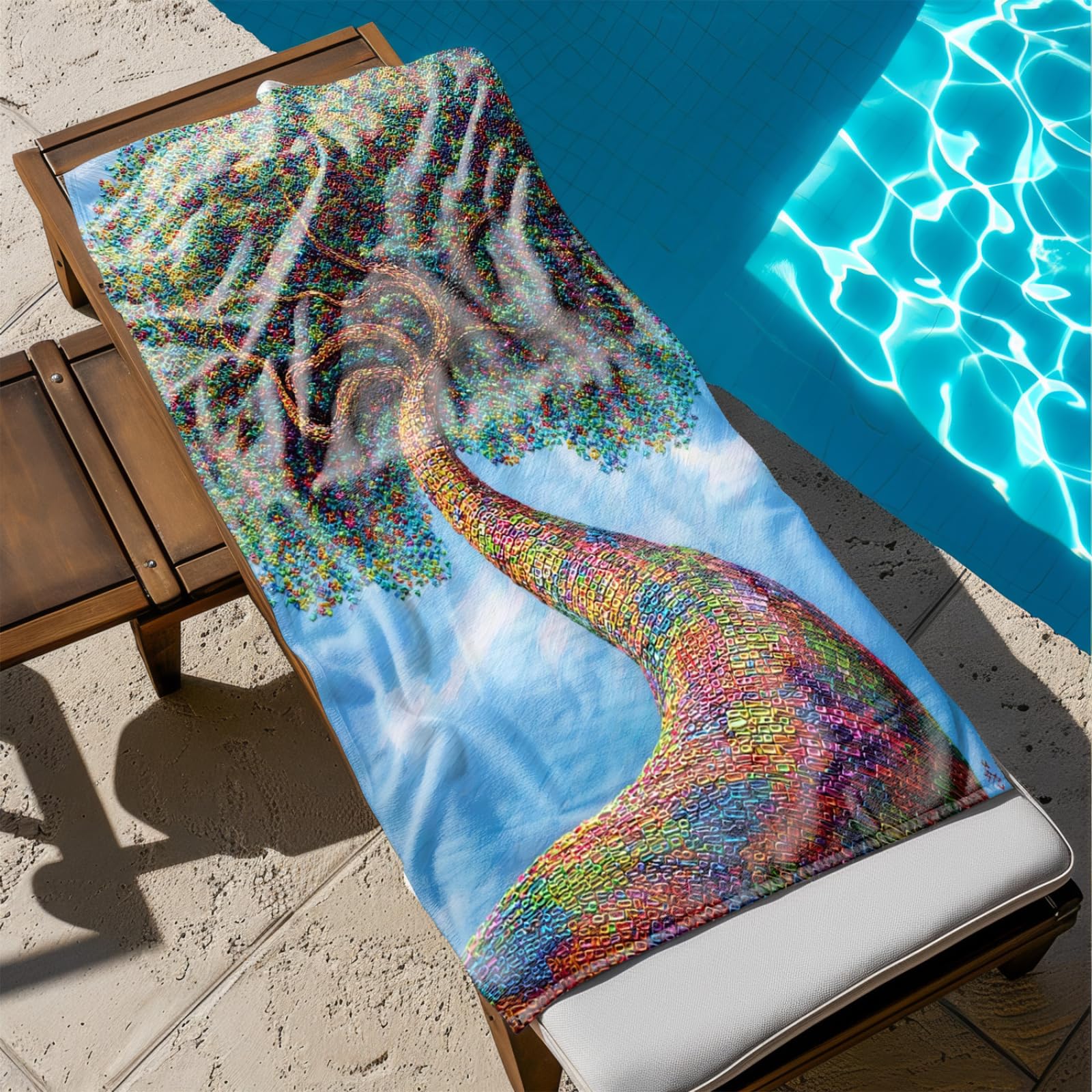 Serviette de Plage 90X180 Arbre Géométrique Bleu-Vert
