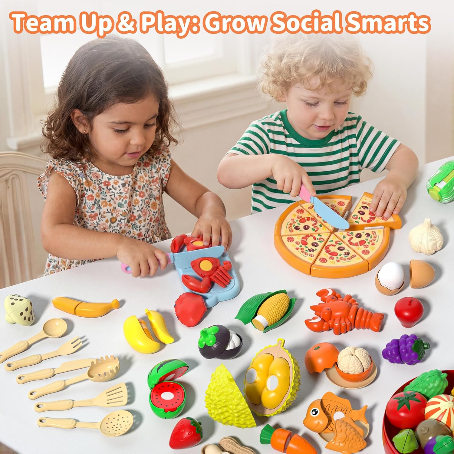 44 Piece Play Food Sets for Kids Kitchen | Cutting Toy Food Set with Storage Basket | Fake Fruits, Vegetables & Pizza | Pretend Play Kitchen Accessories | Educational Learning Gift for Boys Girls 3-8