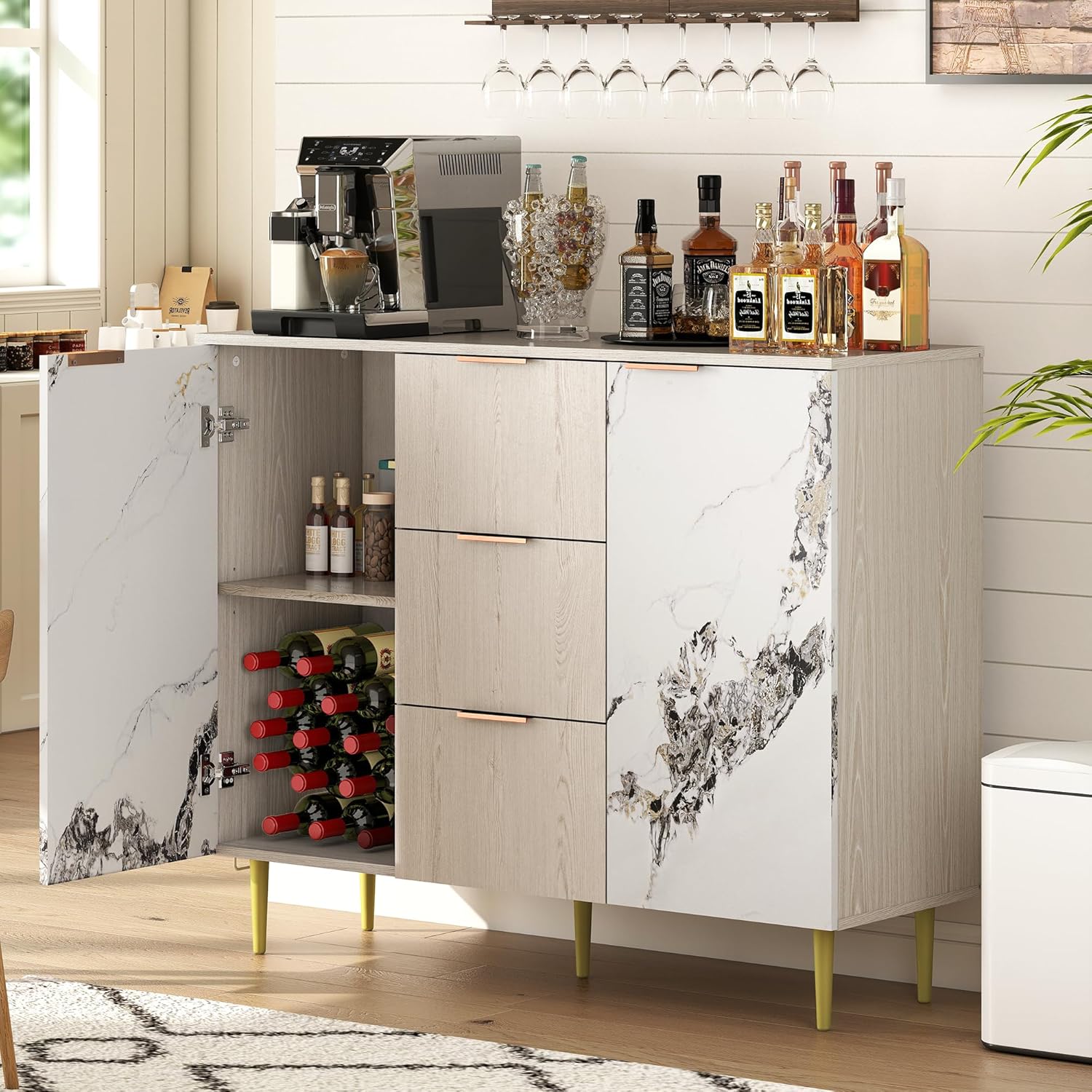 Wood 3 Drawer Dresser with 2 Doors for Dinning Room, 44" Wide Modern Chest of Drawers with Metal Handle,Modern Credenza with 2 Doors & Coffee Bar Console Table for Dining Room & Living Room