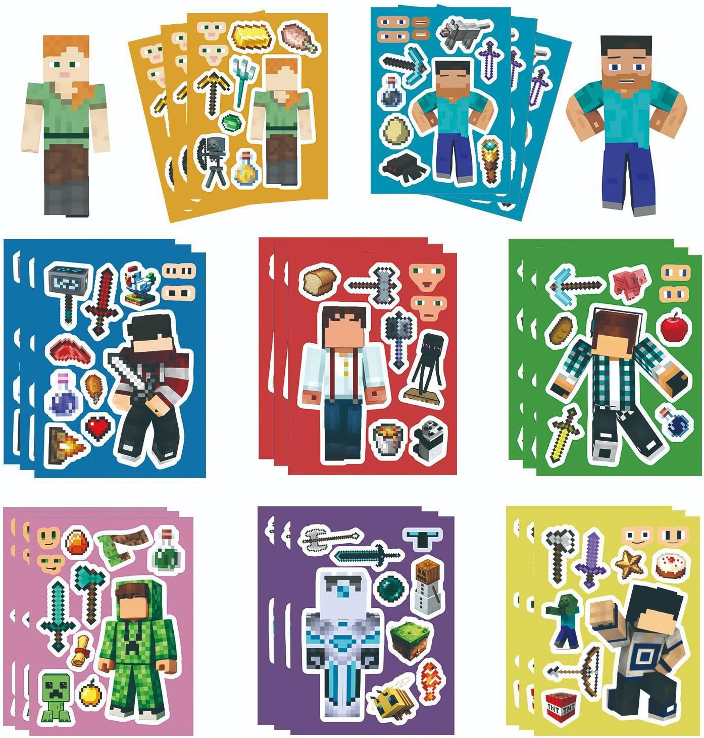 24Pcs Cartoon Stickers, Mixed & Matched with 8 Designed Pixel Sticker (3 of Each) for Party Favors, Reward, Decor, Gift Idea