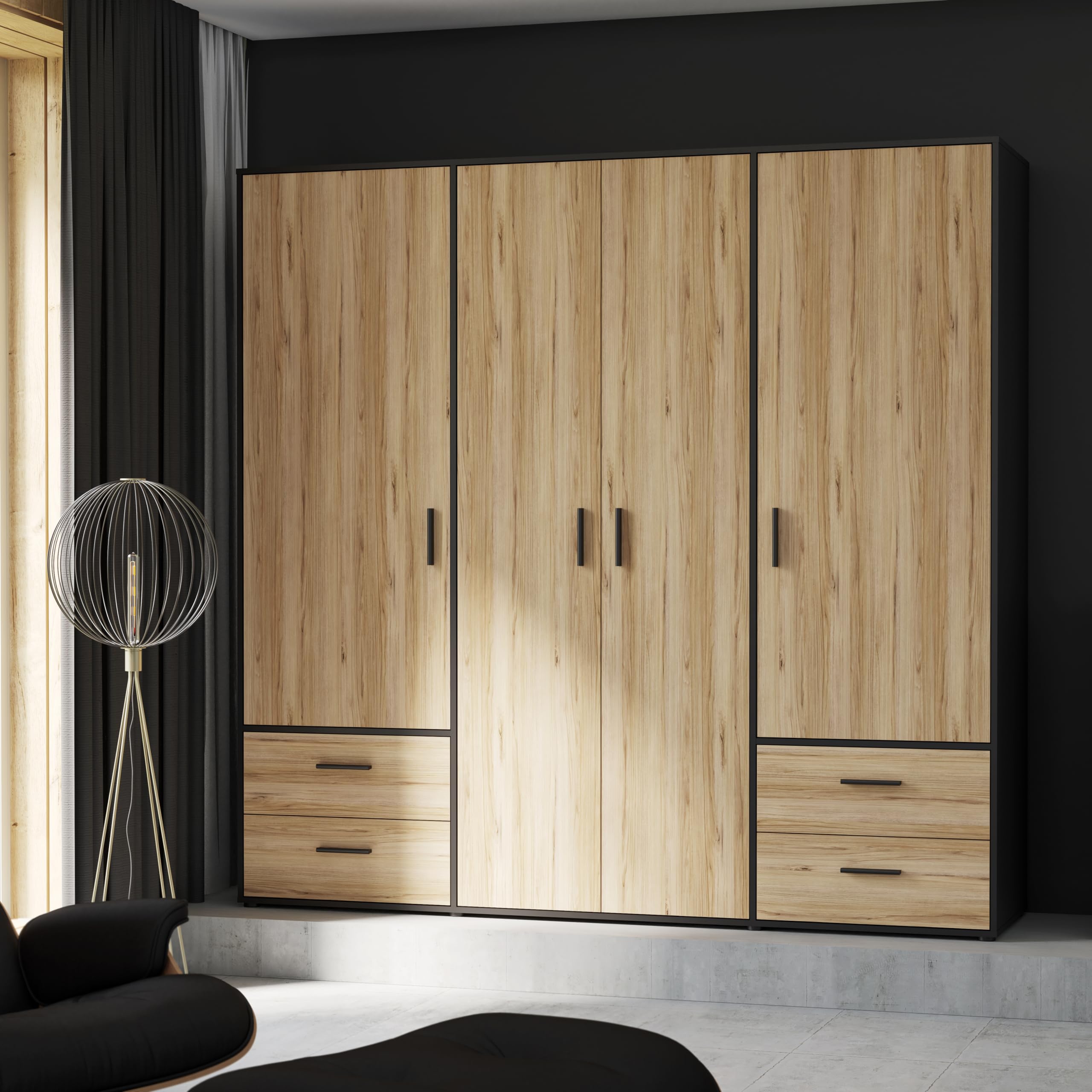 FORTE Jupiter Schrank 200 210, Kleiderschrank, Drehtürenschrank, 4-türig, mit 4 Schubladen und Einlegeböden, Schwarz mit Holz Dekor: Catania Eiche, 206 cm breit x 53 cm tief x 200 cm hoch