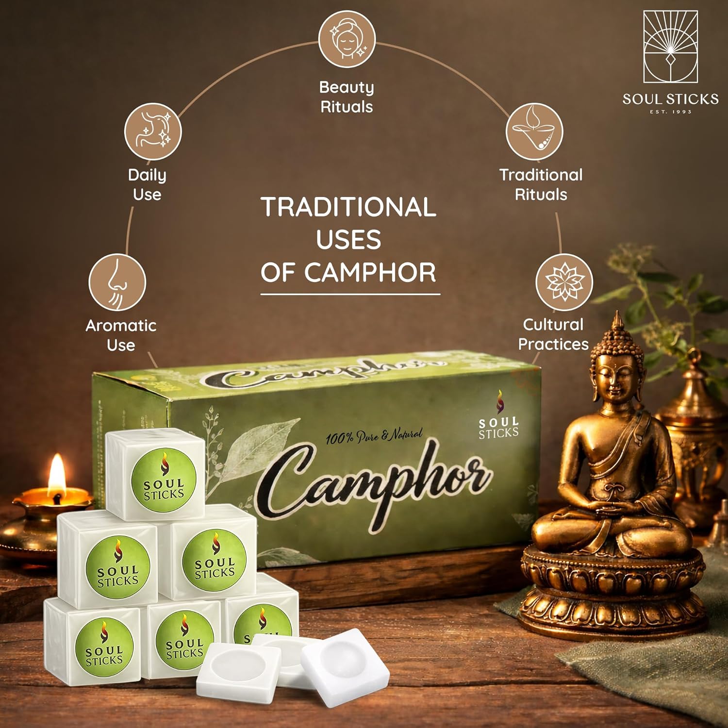 SOUL STICKS Natural Camphor Blocks,Pure Camphor Tablets for Aromatherapy & Puja - Alcanfor en Bloques, Alcanfor en Bolitas, Kapoor for Pooja (300 Grams (64 Tablets))