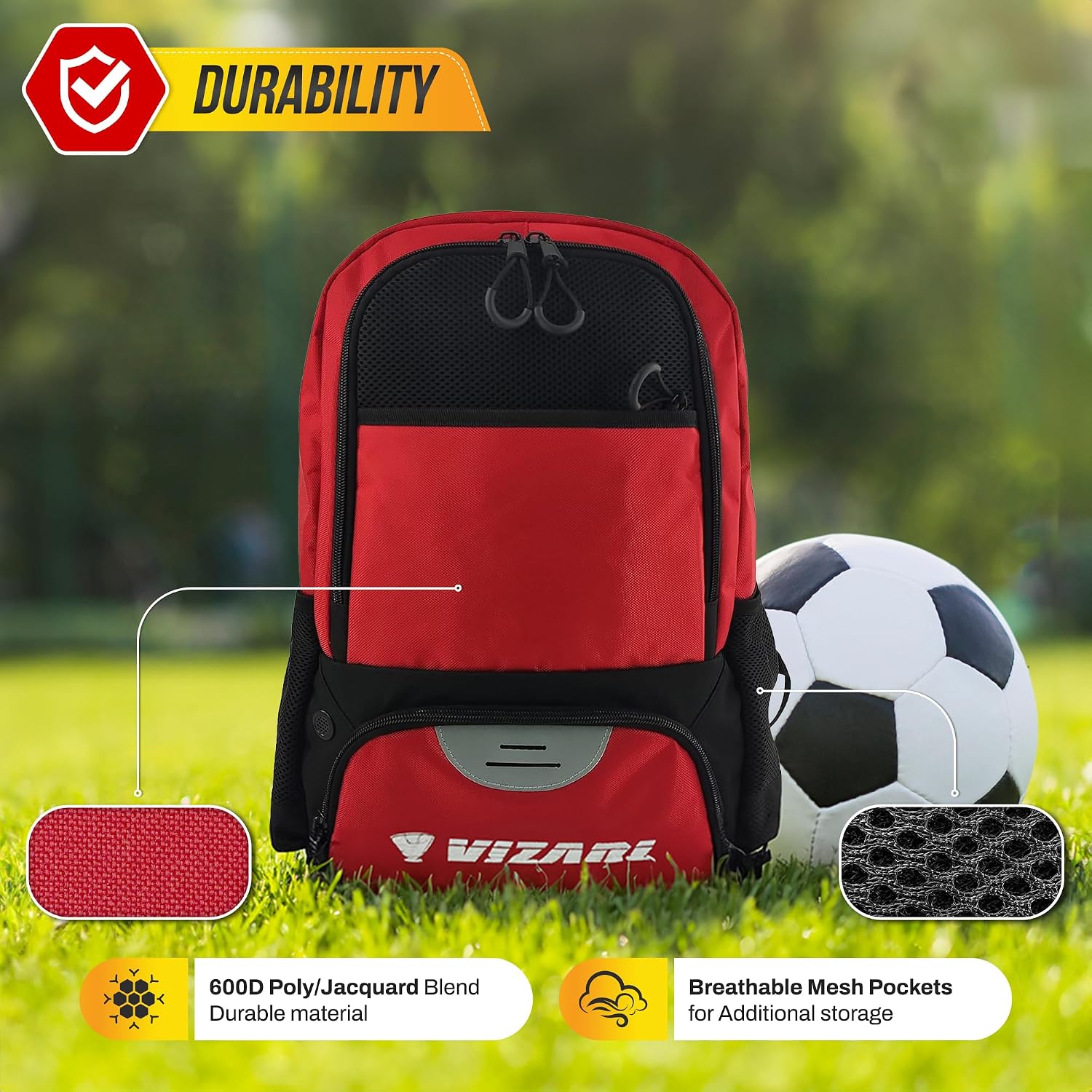 Vizari Soccer Backpack Soccer Bag | Water resistant Durable Equipment Bag for Football, Basketball, Volleyball | Cleats and Ball Compartment - Red,Blue,Pink,Black