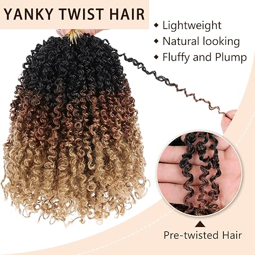 Miniatura 5 de COOKOO 8 piezas de cabello sintético trenzado de ganchillo Yanky Twists de 8 pulgadas, color marrón degradado a rubio preenlazado, rizos de