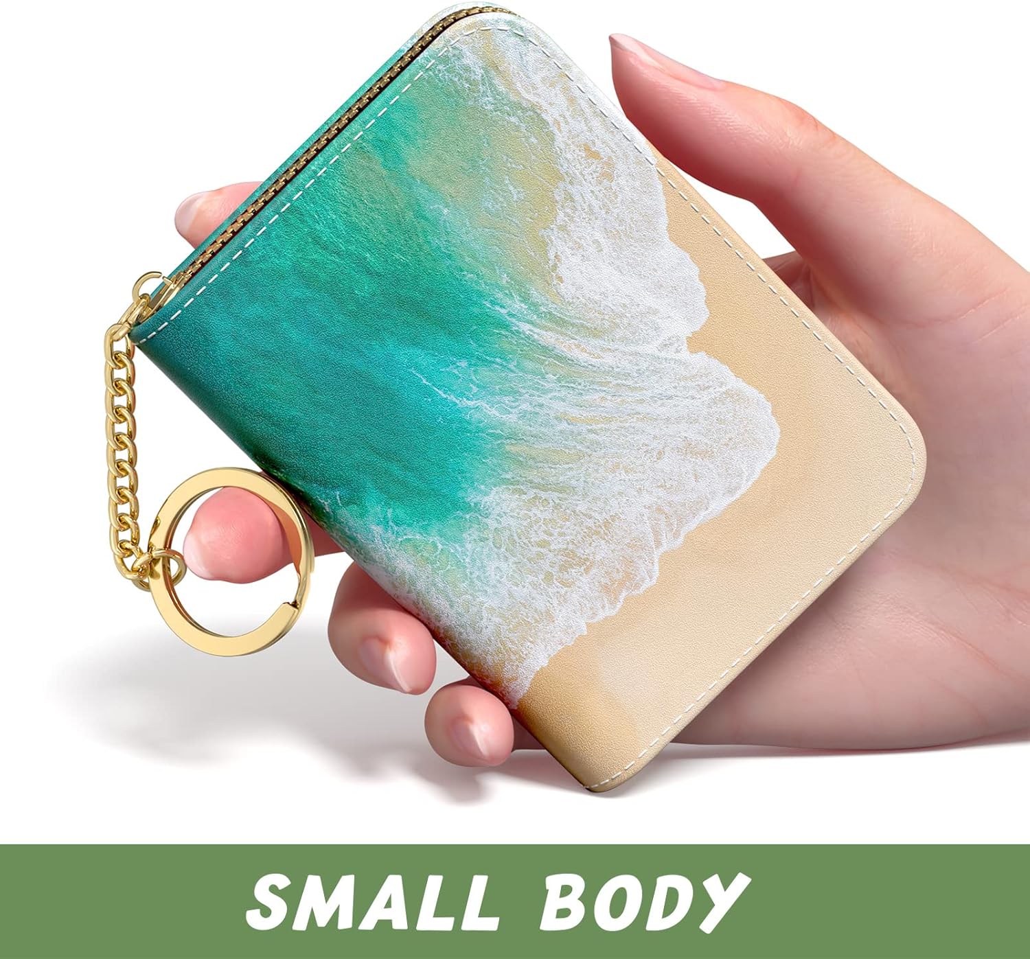 Credit Card Holder for Women, Small RFID Wallet Slim Leather Business Card Organizer Case with Zipper and Keychain, Beach - Image 2