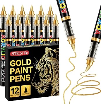 Surcotto 12 Gold Acrylic Paint Pens,Soft Brush Tip Markers,Quick-Drying, Waterproof,Direct-Liquid Ink, Permanent Markers for Canvas,Rock Painting,Wood, Stone,Glass,Ceramic,Fabric Painting,DIY Crafts