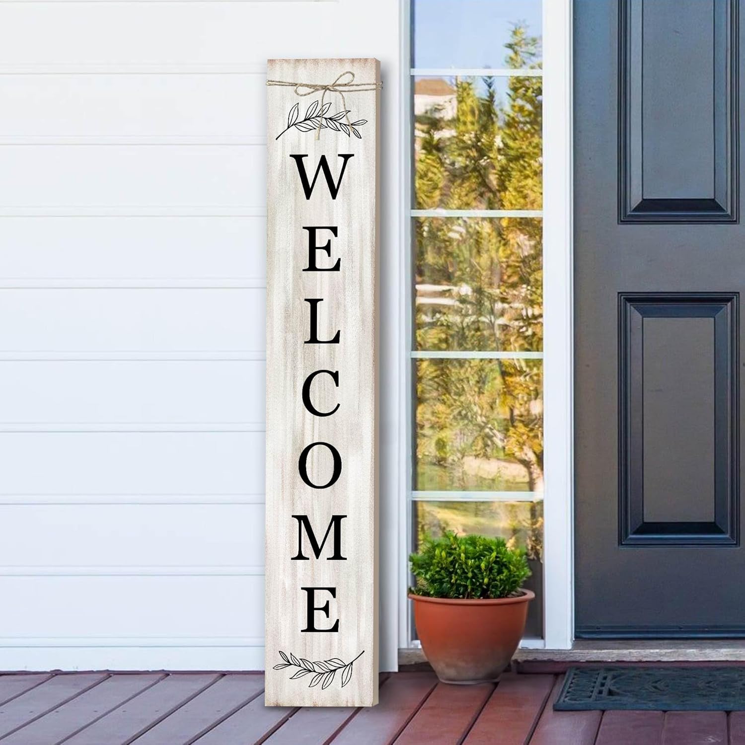 Welcome Sign for Front Porch Standing - Wooden Vertical Hanging Farmhouse Decor With Leaves for Front Door and Home Decorations 47.2"H
