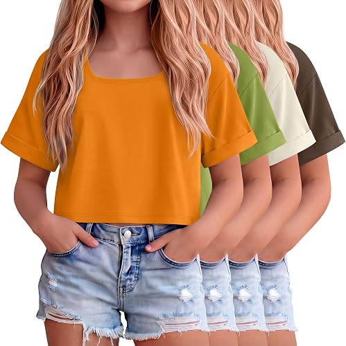 Oakgarden 4 Pack Girls Oversized Crop Tops Drop Shoulder Short Sleeve Casual Sum