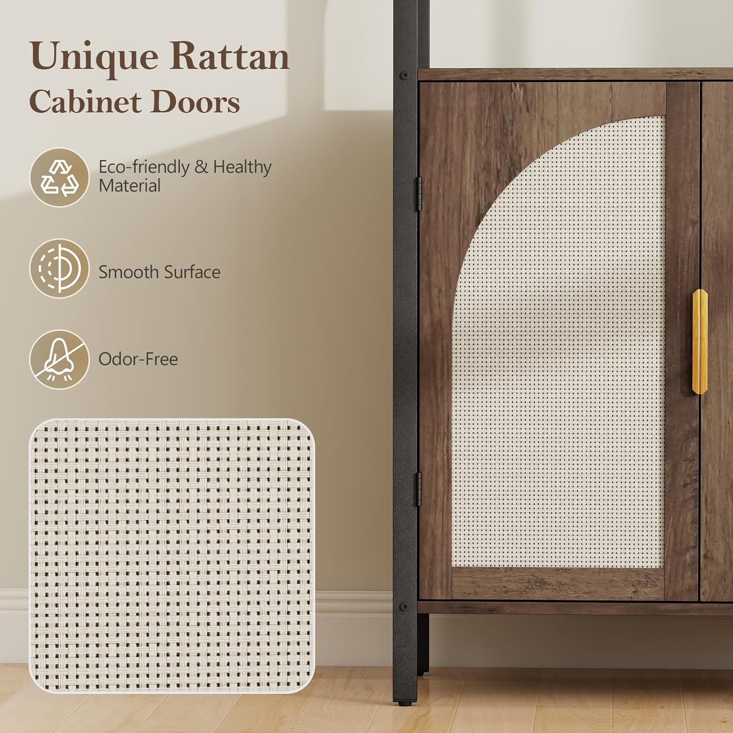 Rattan Bookshelf with Storage, 71" Tall Bookcase with Doors, Boho Book Shelf Narrow with LED Lights for Living Room, Bedroom, Home Office, Brown