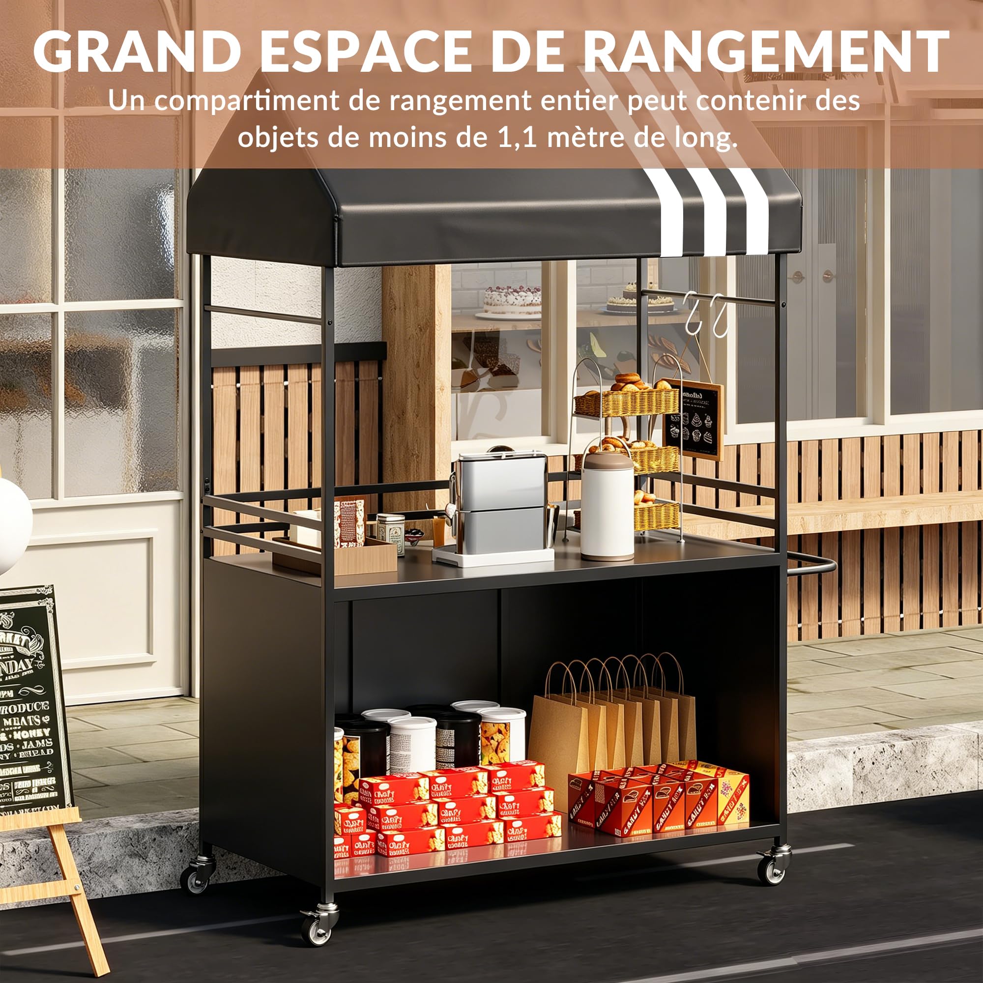 Chariot de Vente Portable avec auvent, Chariots Alimentaires Mobiles avec Roues verrouillables, présentoir de Rue Robuste de 215 cm de Haut pour événements intérieurs et extérieurs