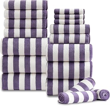 18 Pcs Purple Stripe Bath Towel Set with Hanging Loop-6 Bath Towels,6 Hand Towels,6 Washcloths Soft Family Towels Set Bathroom Towel Highly Absorbent Quick Dry Shower Towel for Beach Spa Gym Hotel