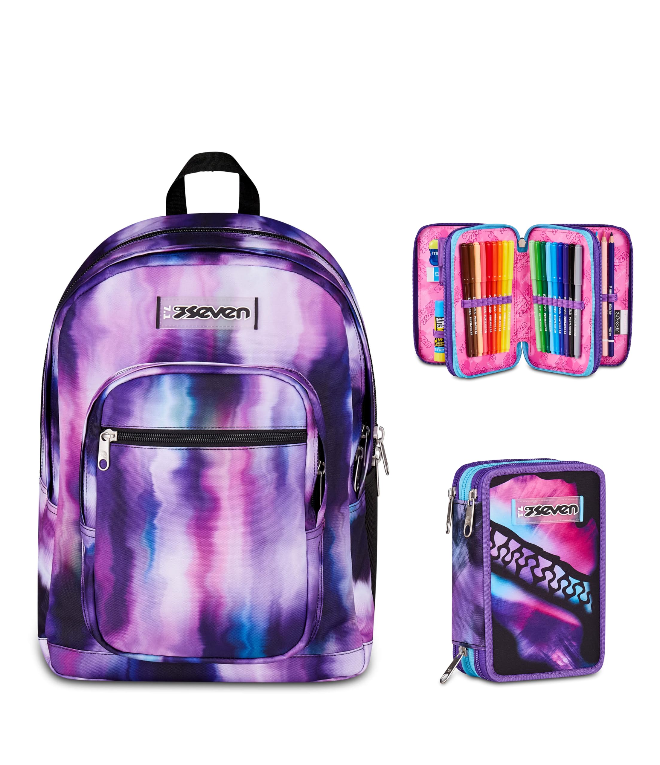 Seven Zaino Scuola FREETHINK, Doppio Scomparto, Viola, 34 L, Bambina, Ragazza + Astuccio 3 zip PINK FUSION, Viola, 45 pezzi, Completo di penne e colori, Elementari