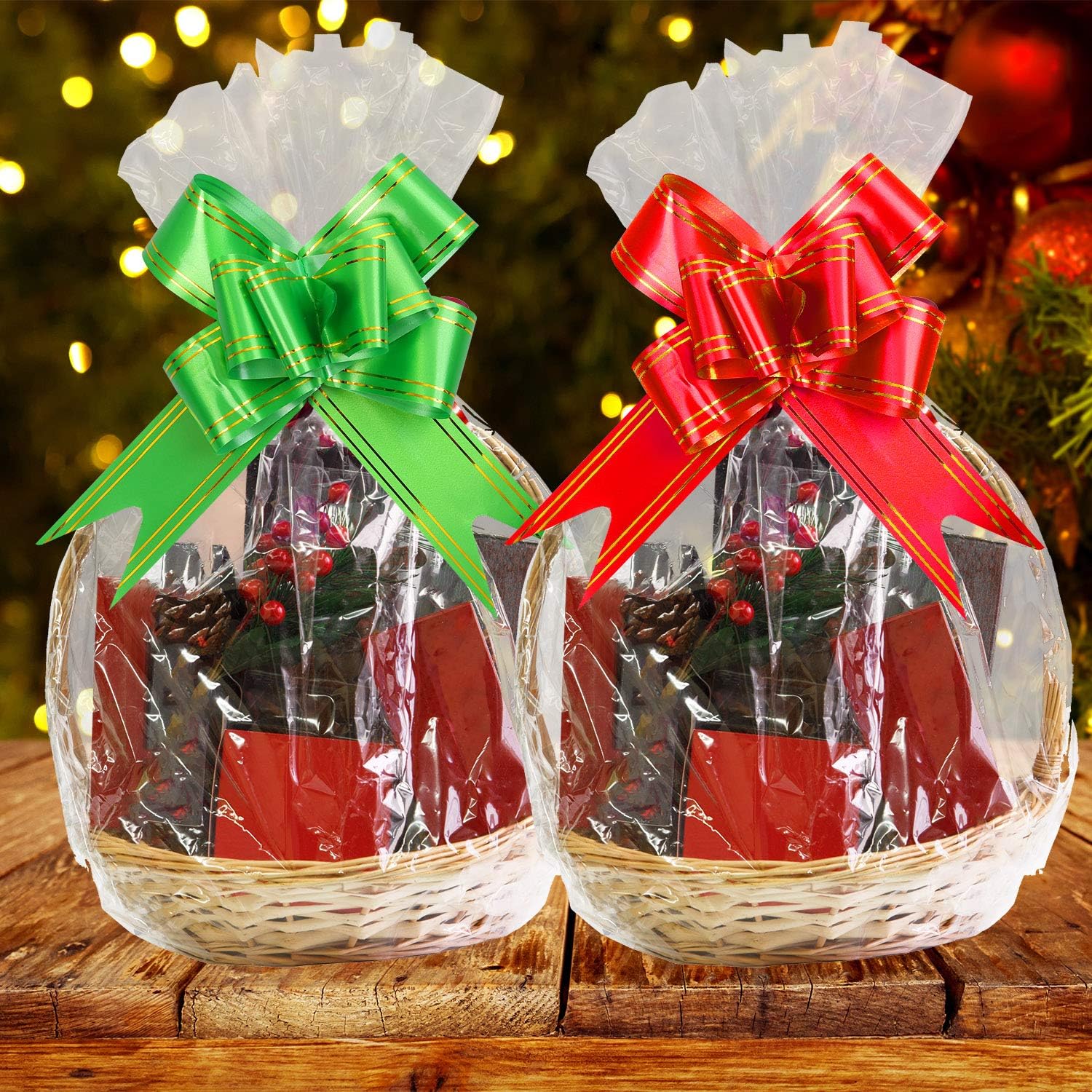 Aneco 20 Pack Large Clear Cellophane Wrap Christmas Clear Basket Bags Pull Bow Set 30 x 44 Inches Wrap Basket Bags for Gift Baskets
