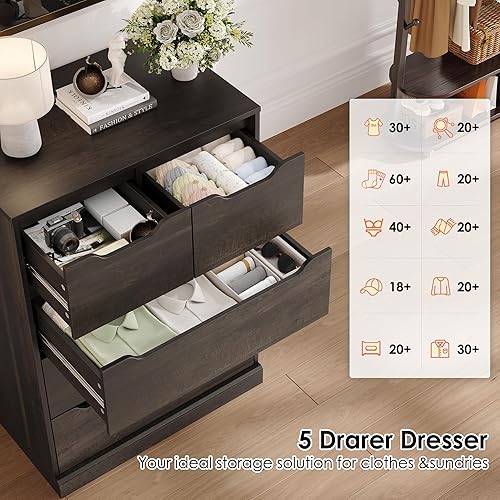 Miniatura 6 de HOSTACK Cómoda moderna de 5 cajones para dormitorio, cómoda con almacenamiento, organizadores de cofre de almacenamiento de madera con asas