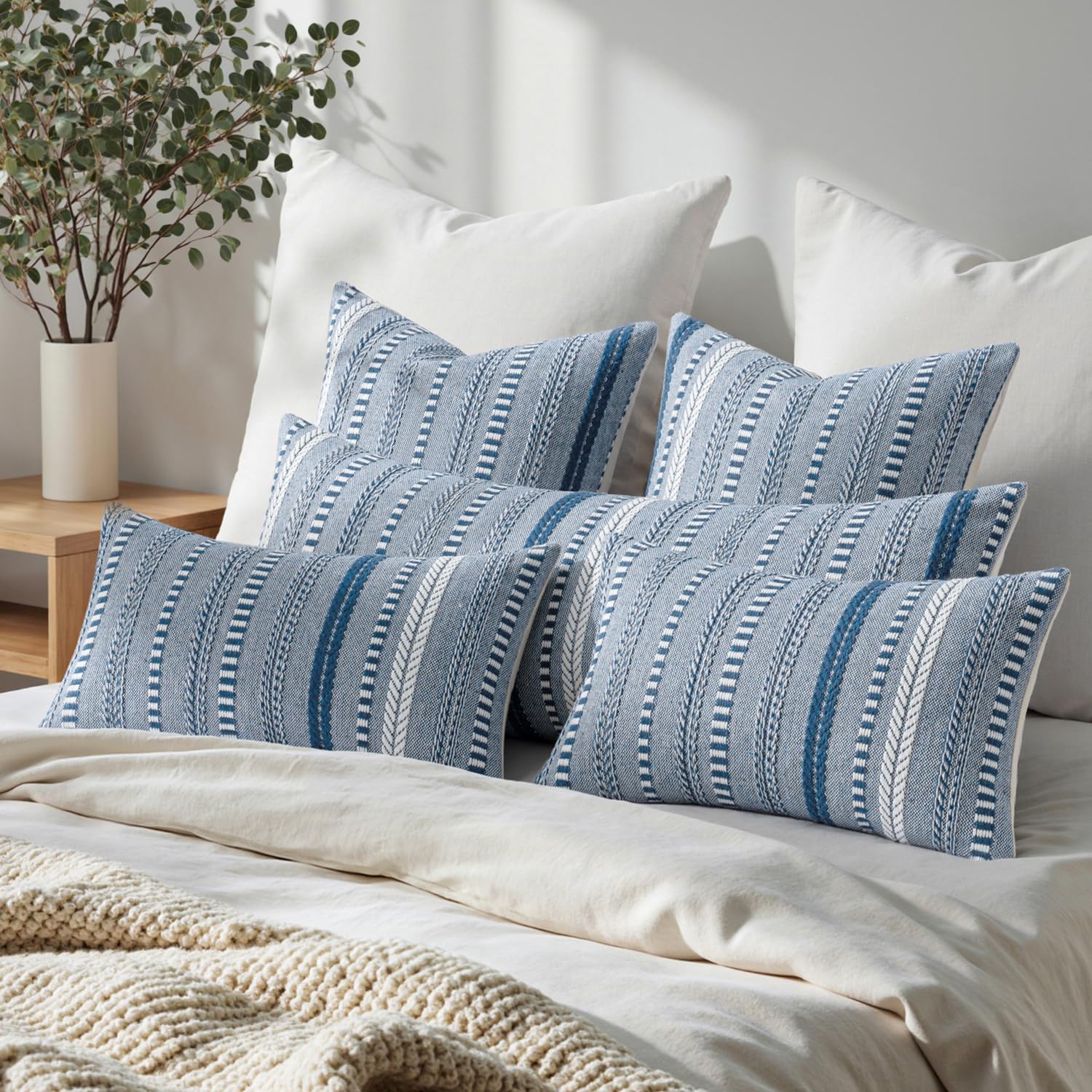 ANRODUO Pack of 2 Boho Throw Pillow Covers 20x20 Inch Farmhouse Decorative Couch Pillow Cases Jacquard Cushion Cover Neutral Accent Pillows of Bed Sofa Bedroom Living Room Home Decor, Navy Blue - Image 4