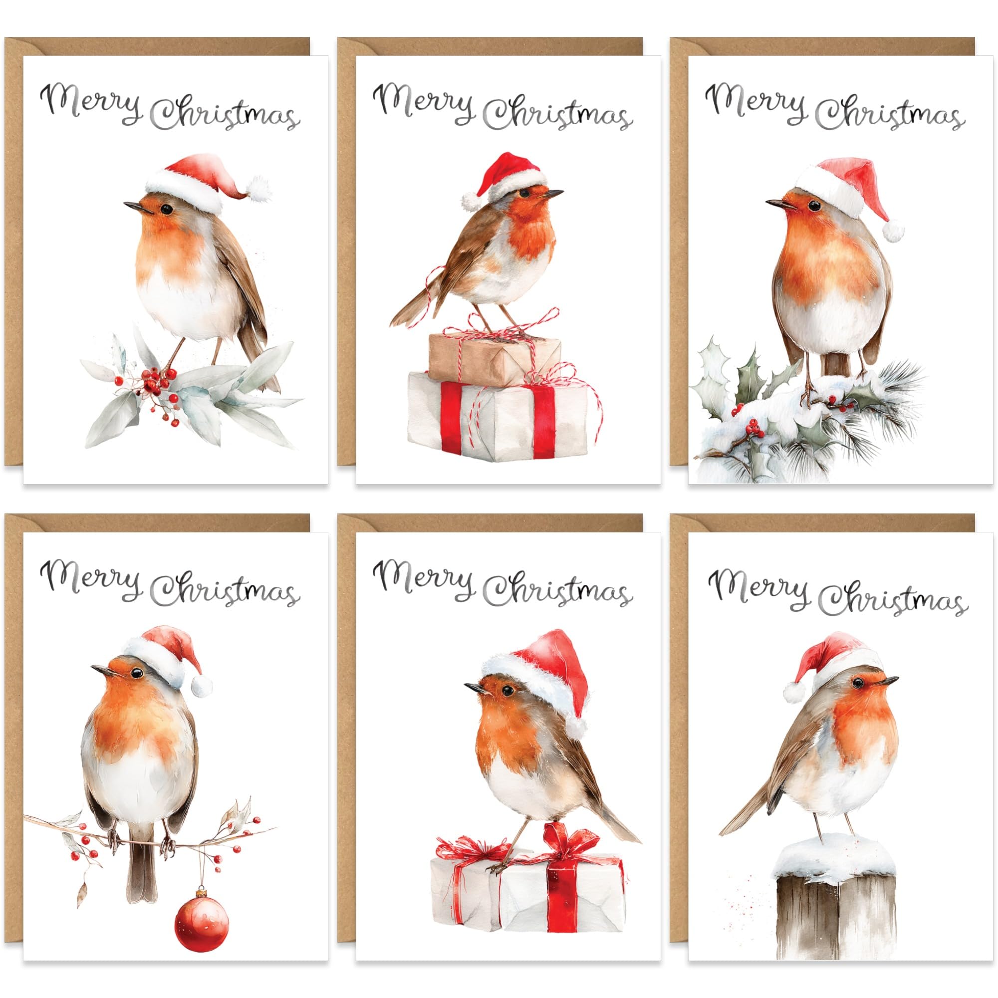 Traditional Christmas Cards Packs of 20, 6 Assorted Festive Winter Robin Watercolour, Eco-friendly and, Blank Inside with Envelopes, 2026 Xmas Multipack Bulk Set, For Friends Family