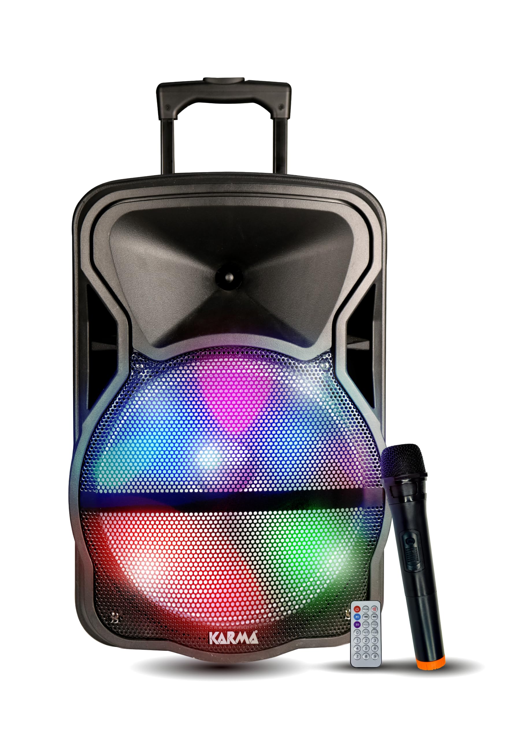 Enceinte amplifiée 600W PMPO Karma DEEP-12 avec Microphone sans Fil VHF USB Bluetooth TWS, Enregistrement, Boomer LED RVB