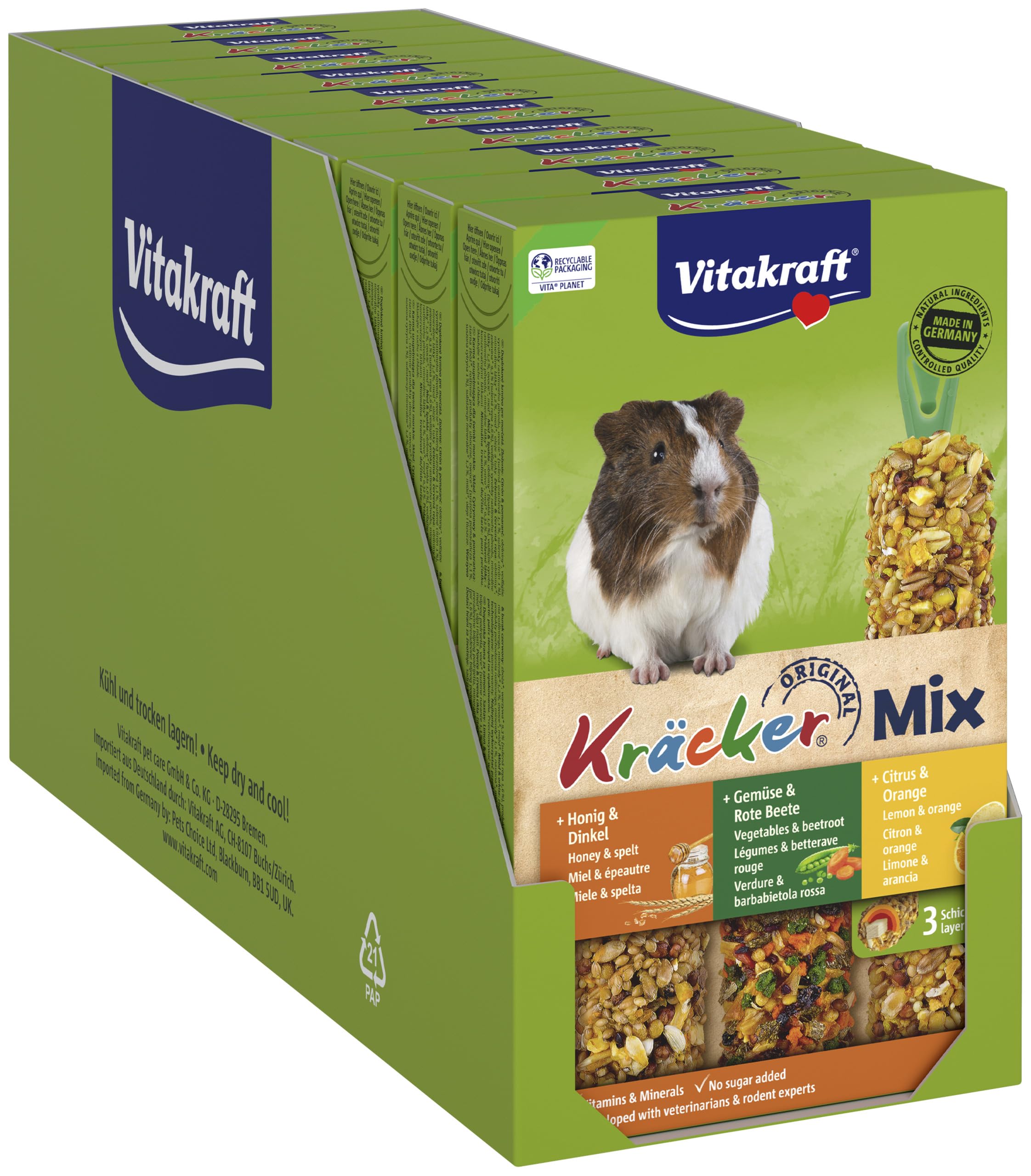 Vitakraft Kräcker Trio Mix Friandise Cochons d'Inde aux agrumes légumes miel - Baguettes vitamines minéraux sans sucre ajouté Lot 10 boîtes 3 baguettes