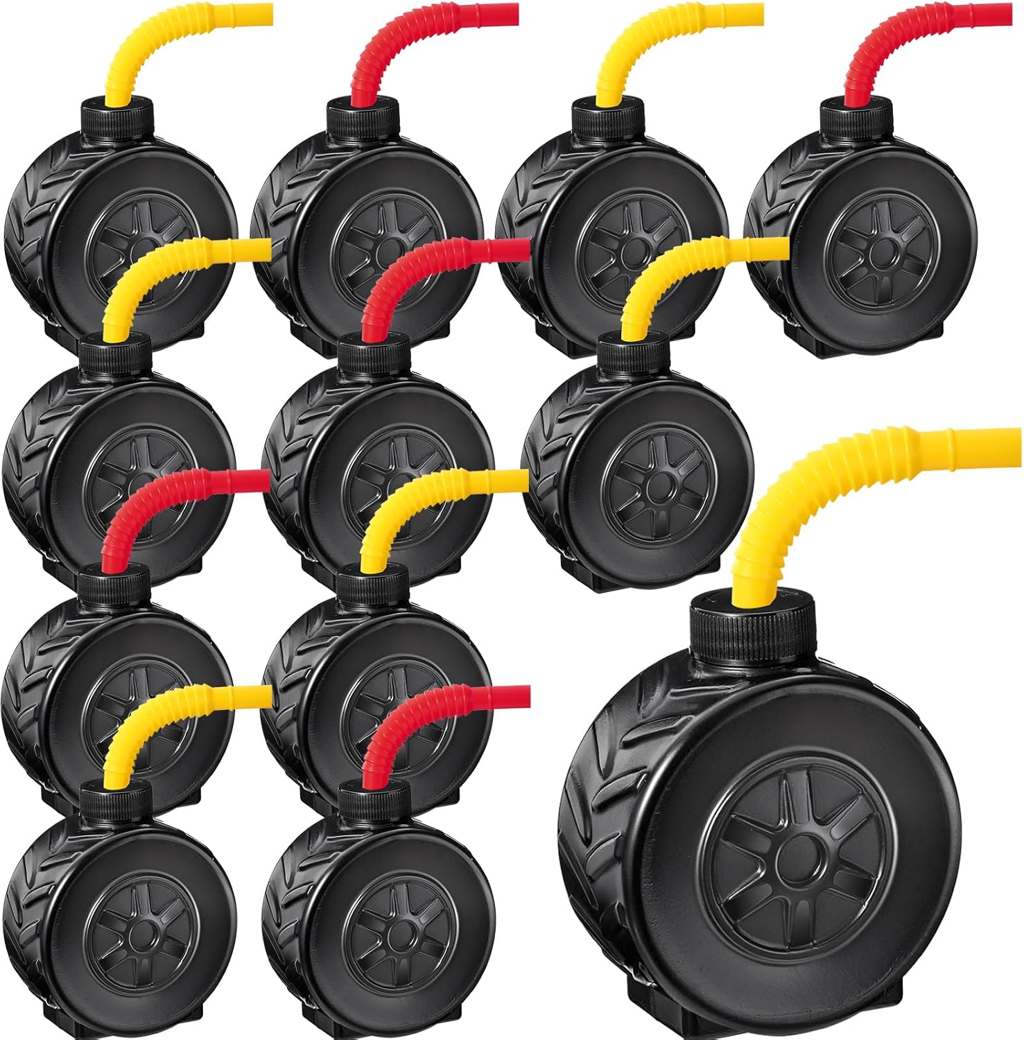 Sawysine 12 Pack Monster Truck Tires Cups with Red Yellow Straw, Wheels Themed Cup Monster Truck Party Favors for Race Car Construction Birthday Supplies