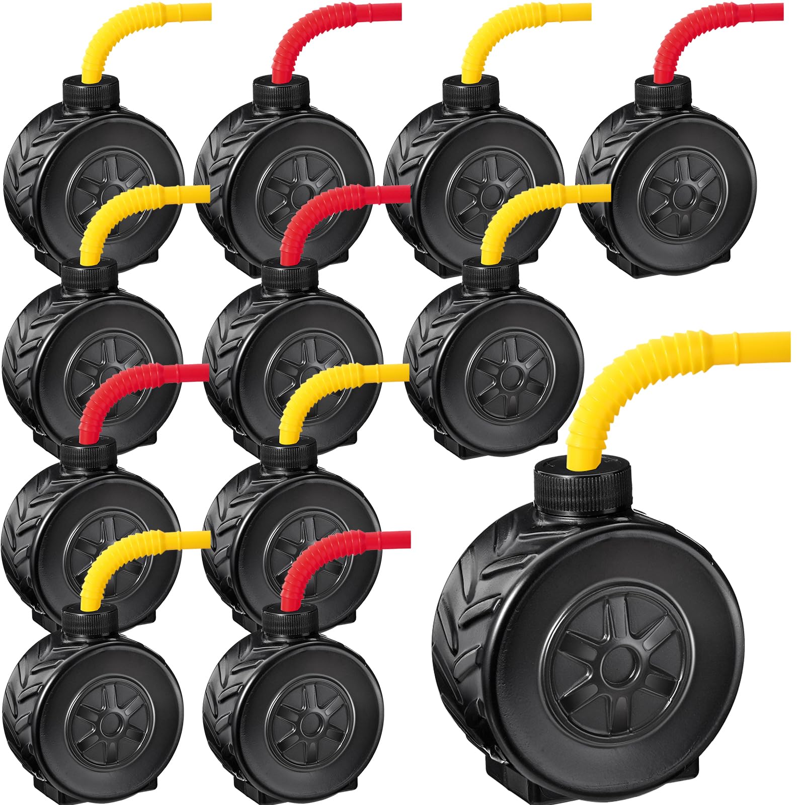 12 Pack Monster Truck Tires Cups with Red Yellow Straw, Wheels Themed Cup Monster Truck Party Favors for Race Car Construction Birthday Supplies