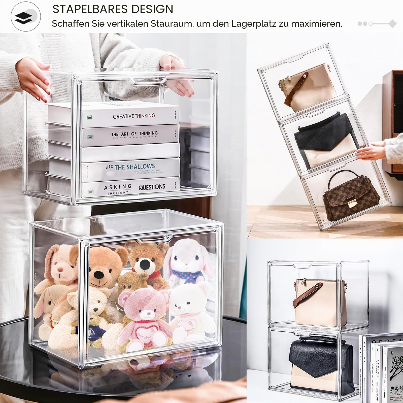 4 Packungen transparente Kunststoff-Handtaschen-Aufbewahrungs-Organizer für Schrank, Acryl-Displaybox für Handtasche, stapelbare Aufbewahrungsboxen, Taschen-Organizer mit magnetischer Tür